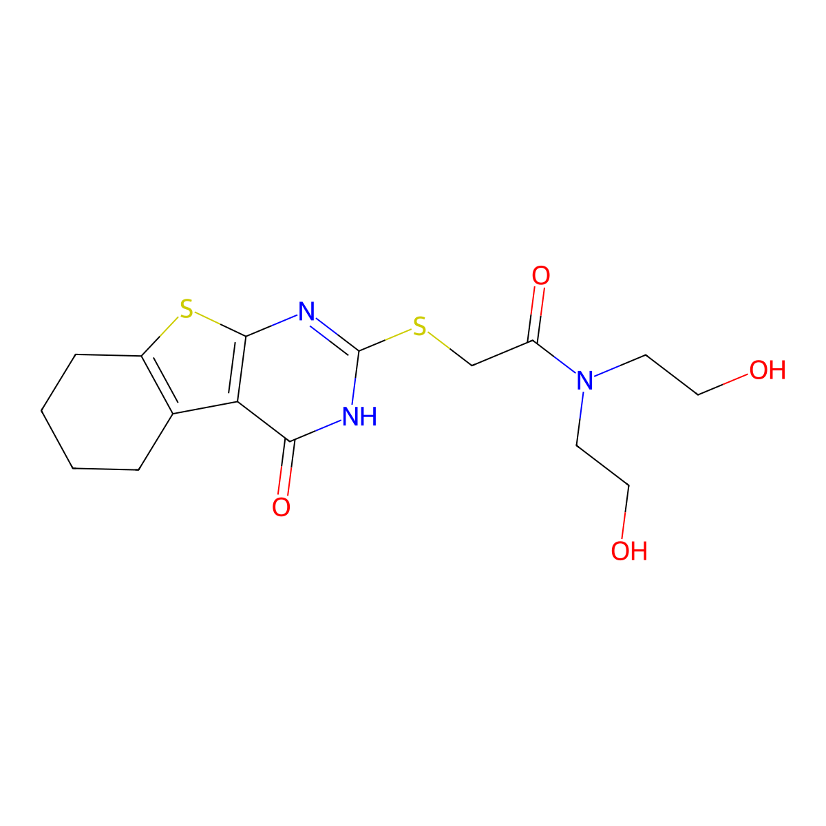 N,N-bis(2-hydroxyethyl)-2-[(4-oxo-5,6,7,8-tetrahydro-3H-[1]benzothiolo[2,3-d]pyrimidin-2-yl)sulfanyl]acetamide molecular structure, CAS 325476-29-7