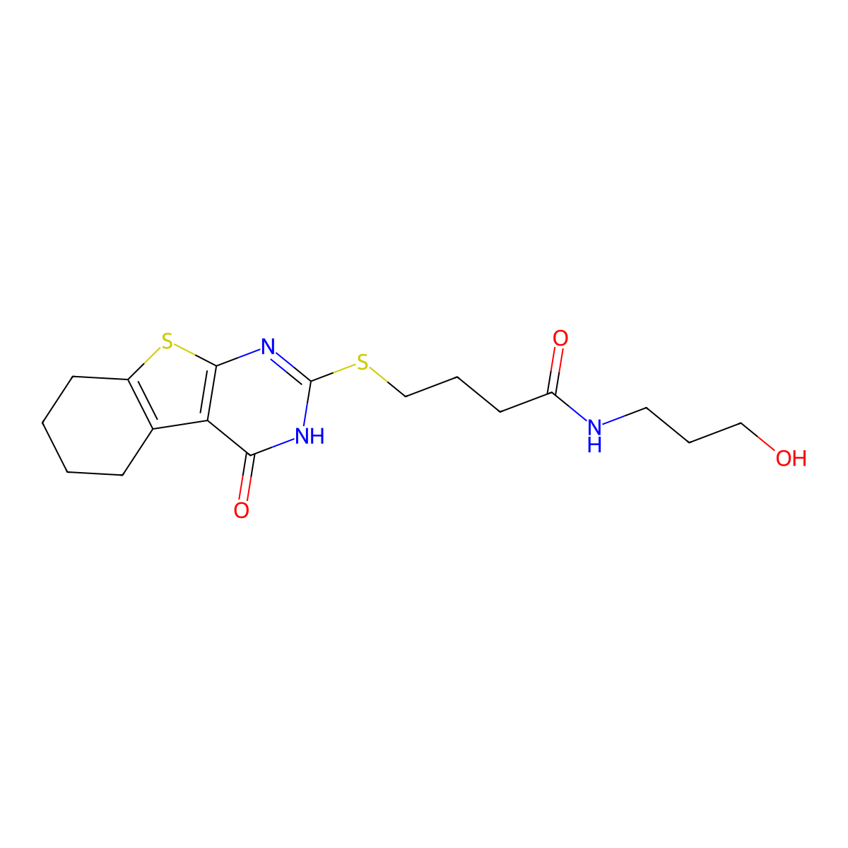 N-(3-hydroxypropyl)-4-[(4-oxo-3,4,5,6,7,8-hexahydro[1]benzothieno[2,3-d]pyrimidin-2-yl)sulfanyl]butanamide molecular structure, CAS 325476-30-0