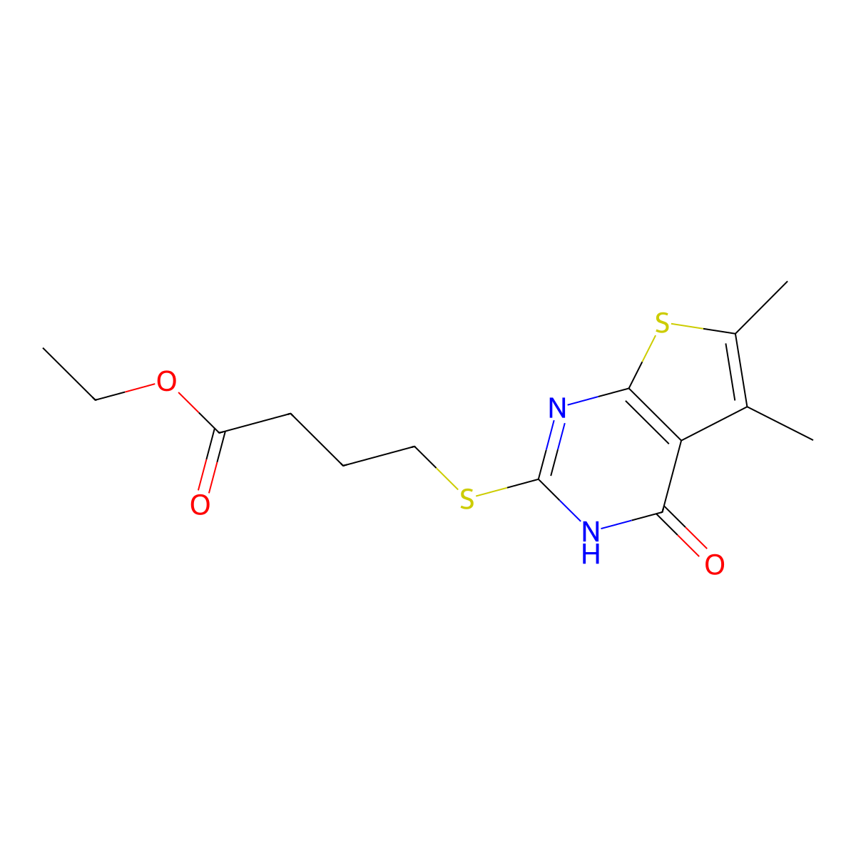 Ethyl 4-((5,6-dimethyl-4-oxo-3,4-dihydrothieno[2,3-d]pyrimidin-2-yl)thio)butanoate molecular structure, CAS 325476-40-2