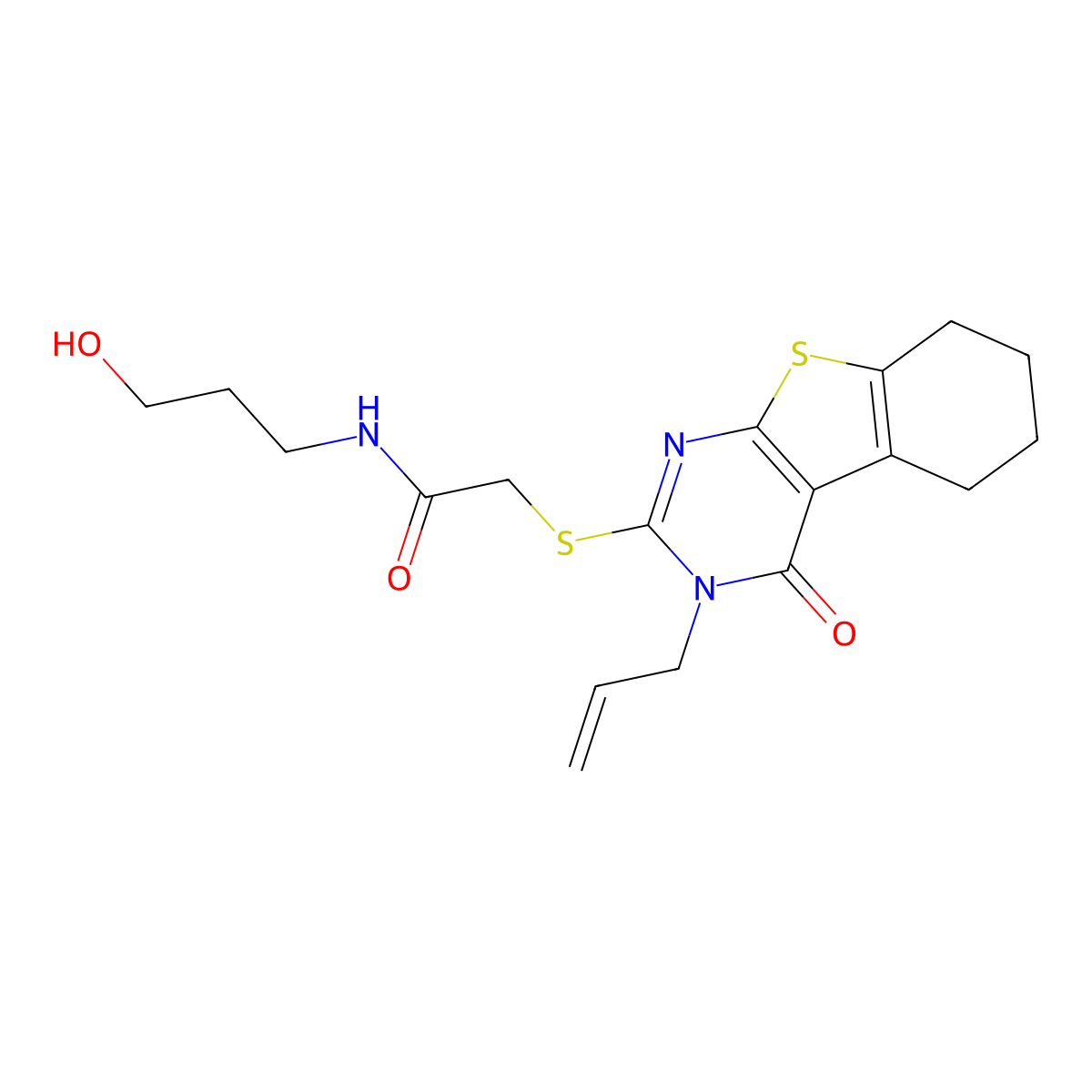 N-(3-hydroxypropyl)-2-[(4-oxo-3-prop-2-enyl-5,6,7,8-tetrahydro-[1]benzothiolo[2,3-d]pyrimidin-2-yl)sulfanyl]acetamide molecular structure, CAS 325693-21-8