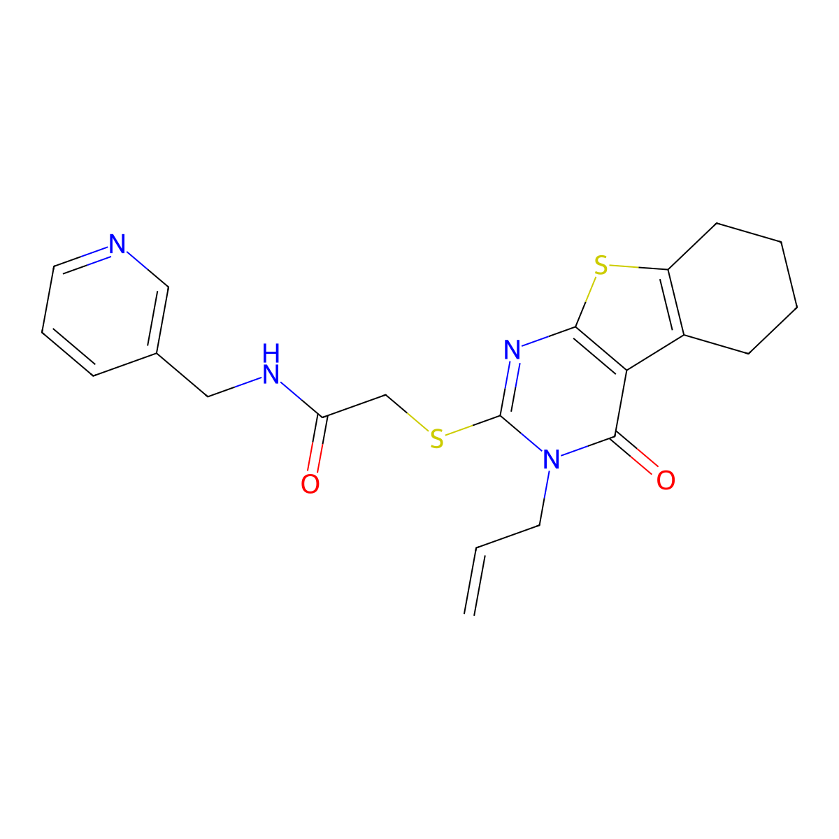 2-[(4-oxo-3-prop-2-enyl-5,6,7,8-tetrahydro-[1]benzothiolo[2,3-d]pyrimidin-2-yl)sulfanyl]-N-(pyridin-3-ylmethyl)acetamide molecular structure, CAS 325693-22-9