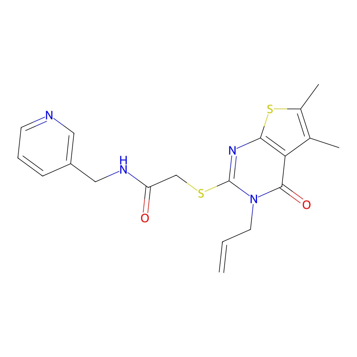 2-(5,6-dimethyl-4-oxo-3-prop-2-enyl(3-hydrothiopheno[2,3-d]pyrimidin-2-ylthio))-N-(3-pyridylmethyl)acetamide molecular structure, CAS 325693-25-2