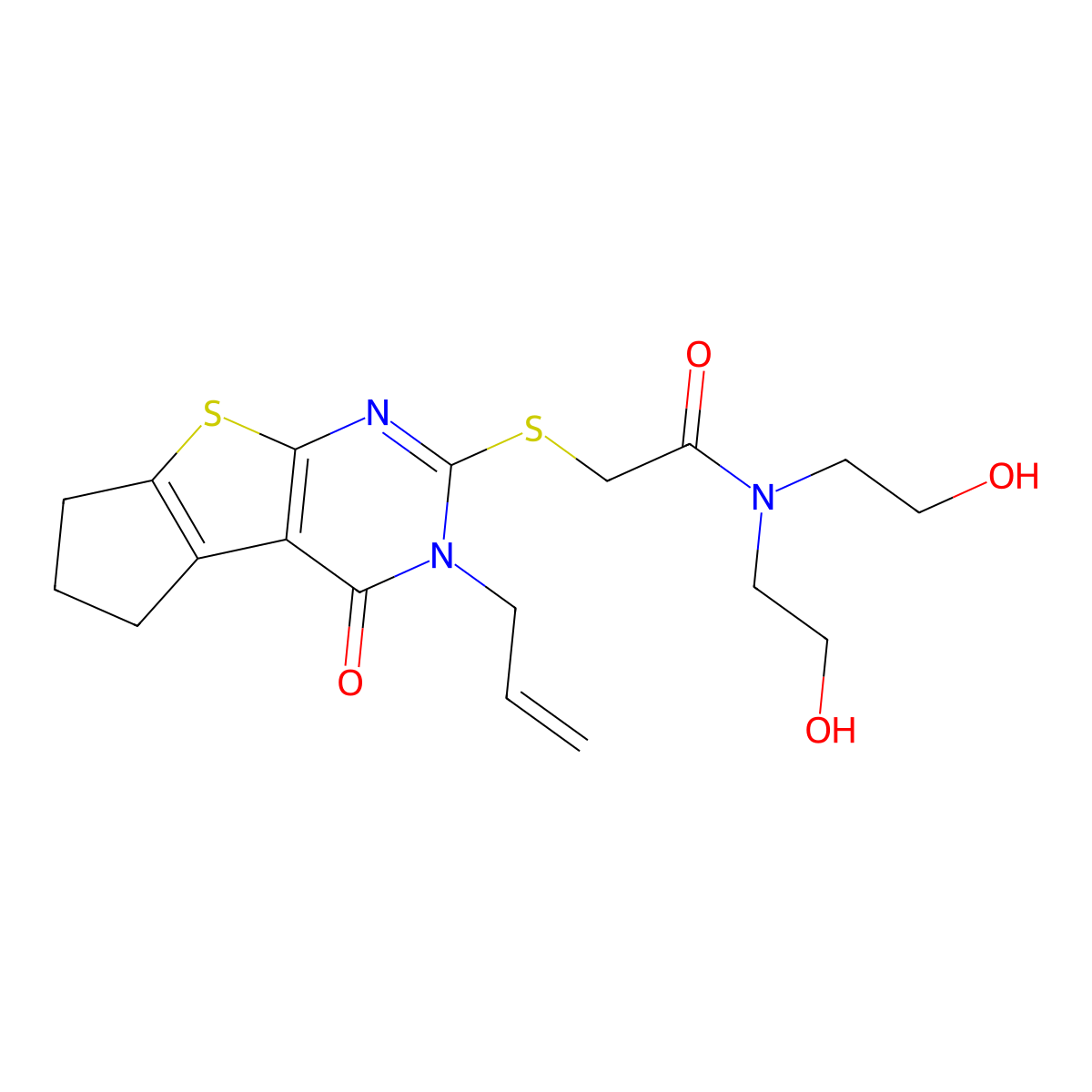 2-((3-allyl-4-oxo-4,5,6,7-tetrahydro-3H-cyclopenta[4,5]thieno[2,3-d]pyrimidin-2-yl)thio)-N,N-bis(2-hydroxyethyl)acetamide molecular structure, CAS 325693-30-9