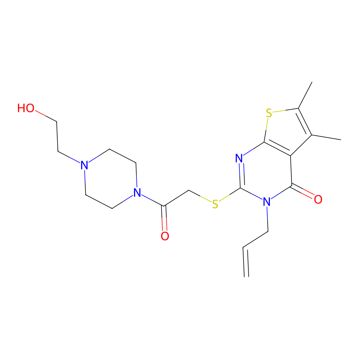3-allyl-2-((2-(4-(2-hydroxyethyl)piperazin-1-yl)-2-oxoethyl)thio)-5,6-dimethylthieno[2,3-d]pyrimidin-4(3H)-one molecular structure, CAS 325693-32-1