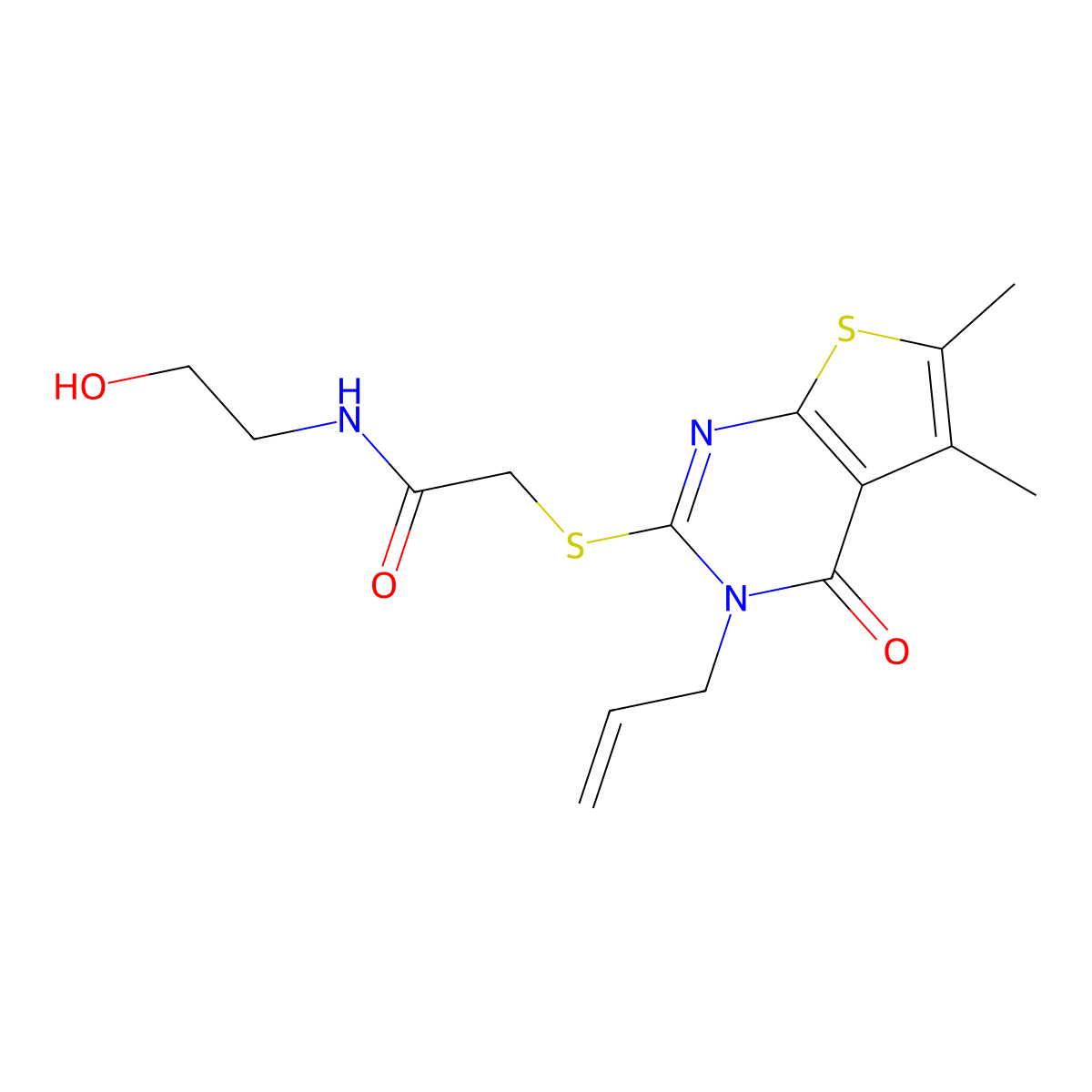 2-(5,6-dimethyl-4-oxo-3-prop-2-enylthieno[2,3-d]pyrimidin-2-yl)sulfanyl-N-(2-hydroxyethyl)acetamide molecular structure, CAS 325693-33-2