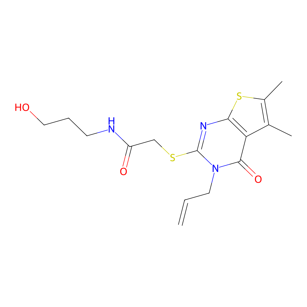2-[(3-allyl-5,6-dimethyl-4-oxo-3,4-dihydrothieno[2,3-d]pyrimidin-2-yl)sulfanyl]-N-(3-hydroxypropyl)acetamide molecular structure, CAS 325693-43-4
