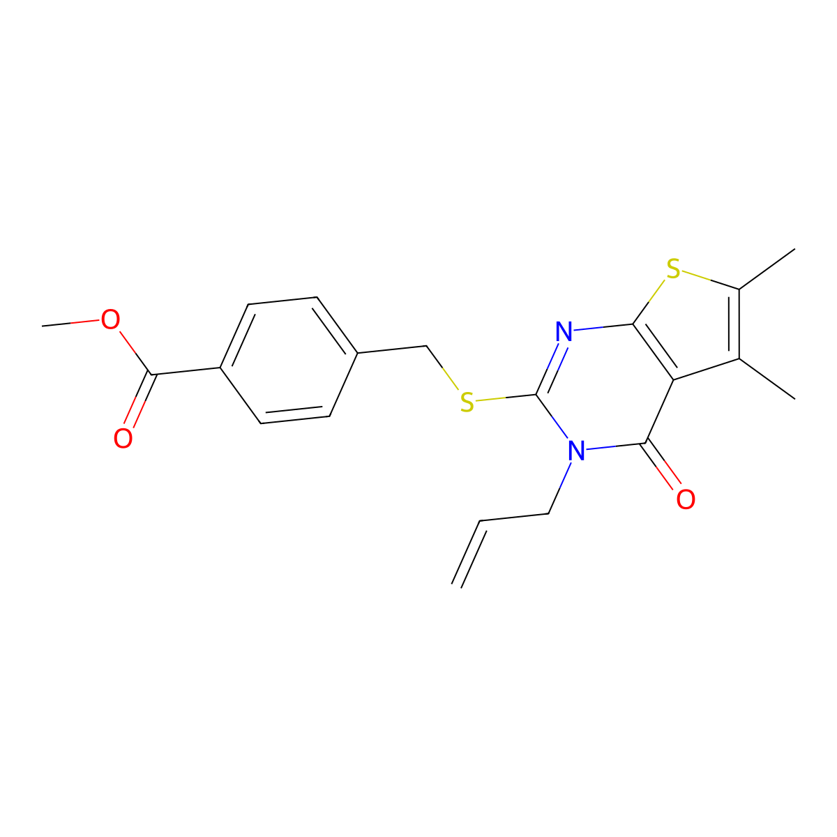 Methyl 4-[(5,6-dimethyl-4-oxo-3-prop-2-enylthieno[2,3-d]pyrimidin-2-yl)sulfanylmethyl]benzoate molecular structure, CAS 325693-48-9