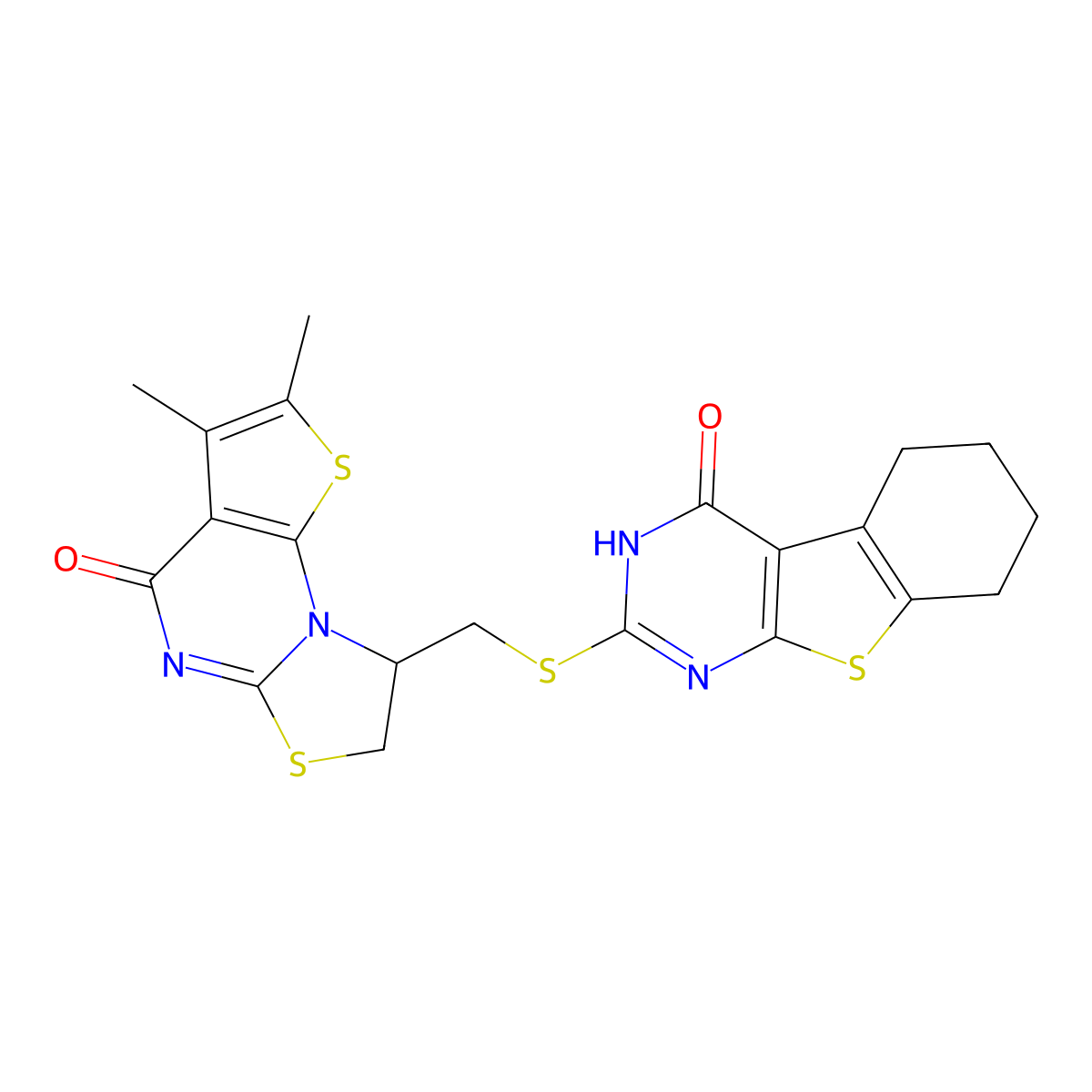 2-(((2,3-dimethyl-4-oxo-7,8-dihydro-4H-thiazolo[3,2-a]thieno[3,2-e]pyrimidin-8-yl)methyl)thio)-5,6,7,8-tetrahydrobenzo[4,5]thieno[2,3-d]pyrimidin-4(3H)-one molecular structure, CAS 325693-58-1