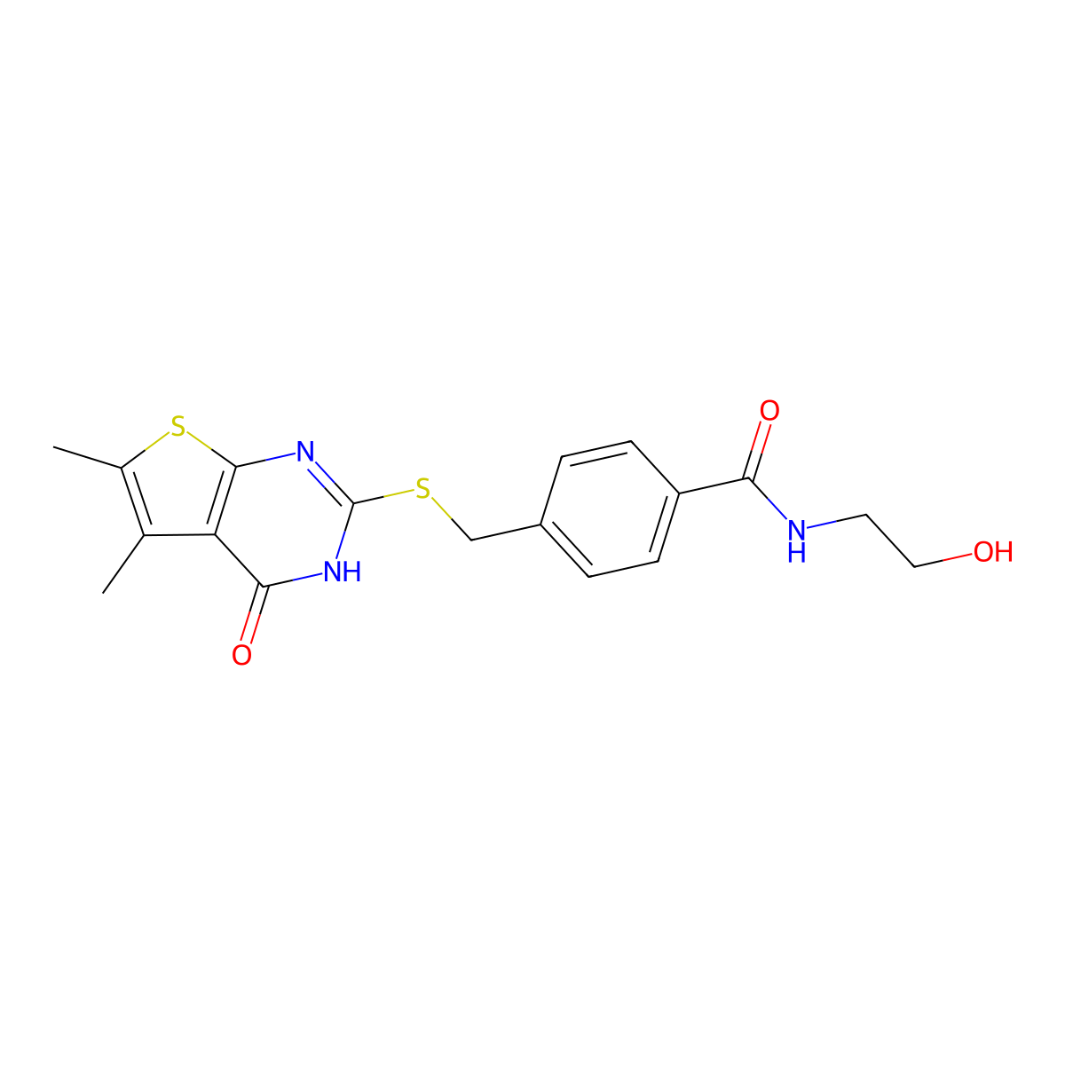 4-(((5,6-dimethyl-4-oxo-3,4-dihydrothieno[2,3-d]pyrimidin-2-yl)thio)methyl)-N-(2-hydroxyethyl)benzamide molecular structure, CAS 325693-59-2