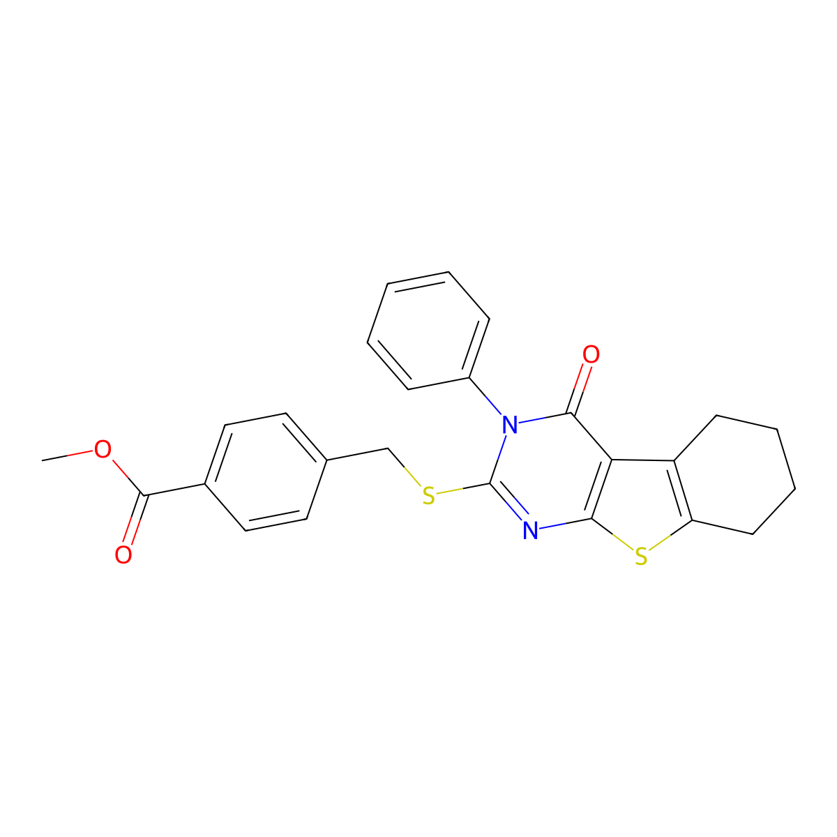 Methyl 4-{[(4-oxo-3-phenyl-3,4,5,6,7,8-hexahydro[1]benzothieno[2,3-d]pyrimidin-2-yl)sulfanyl]methyl}benzoate molecular structure, CAS 325693-61-6