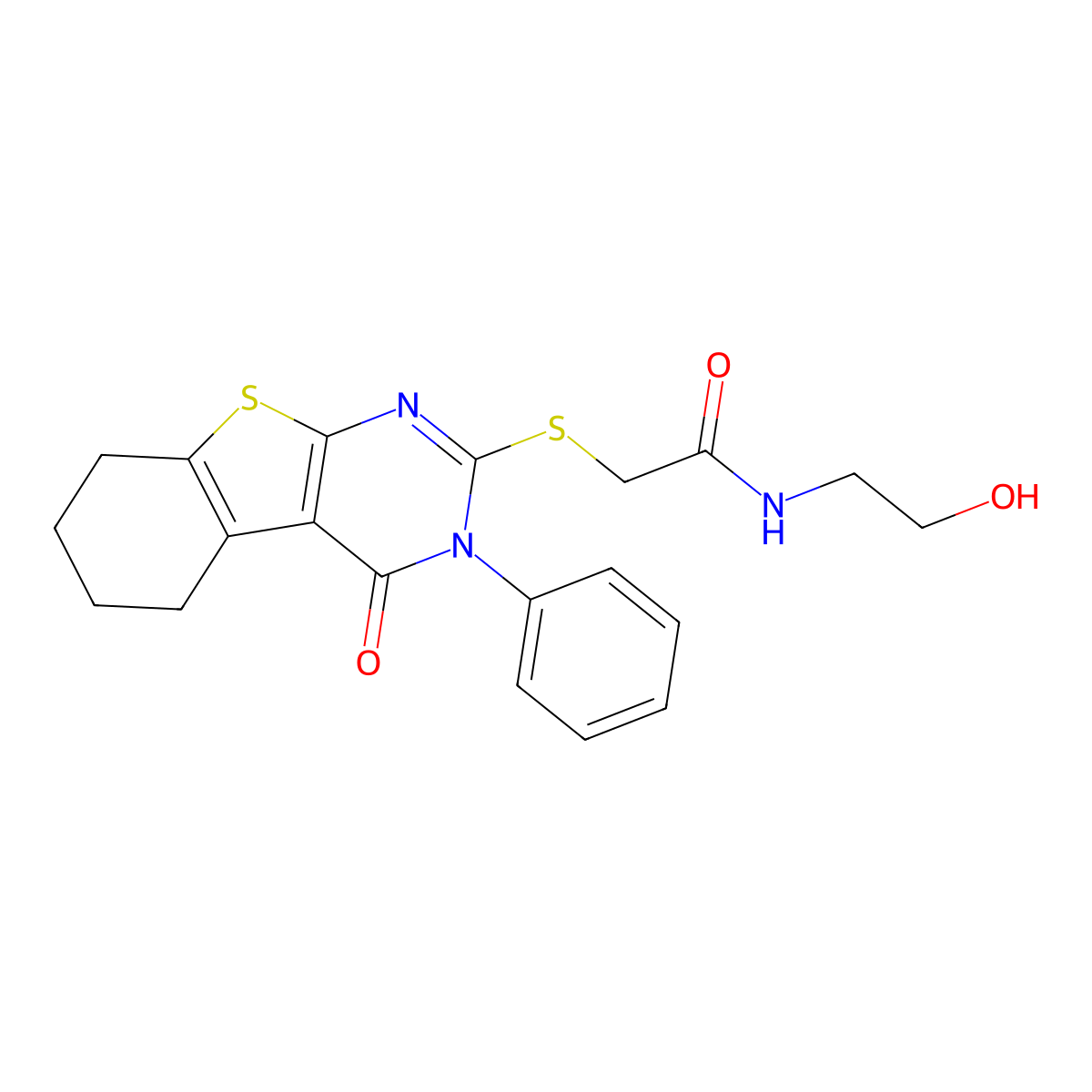 N-(2-hydroxyethyl)-2-[(4-oxo-3-phenyl-5,6,7,8-tetrahydro-[1]benzothiolo[2,3-d]pyrimidin-2-yl)sulfanyl]acetamide molecular structure, CAS 325693-65-0