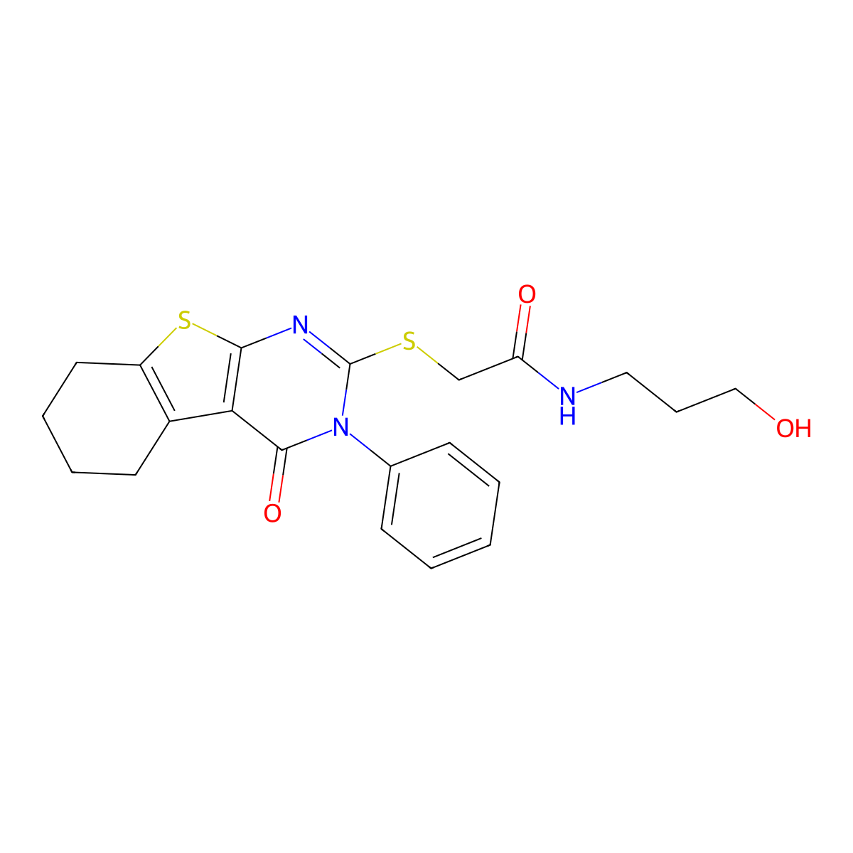 N-(3-hydroxypropyl)-2-[(4-oxo-3-phenyl-5,6,7,8-tetrahydro-[1]benzothiolo[2,3-d]pyrimidin-2-yl)sulfanyl]acetamide molecular structure, CAS 325693-66-1
