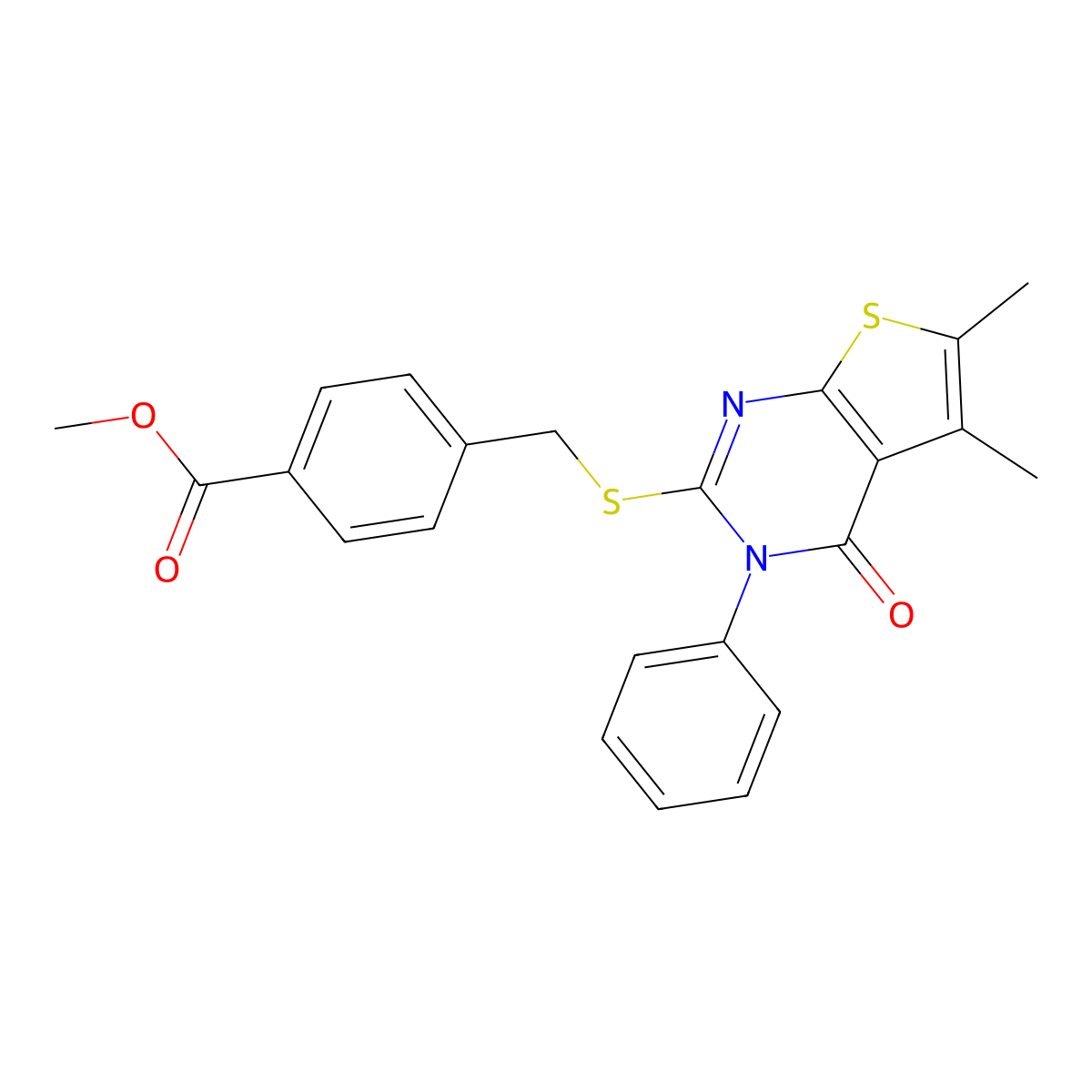 Methyl 4-[(5,6-dimethyl-4-oxo-3-phenyl-3-hydrothiopheno[2,3-d]pyrimidin-2-ylth io)methyl]benzoate molecular structure, CAS 325693-67-2