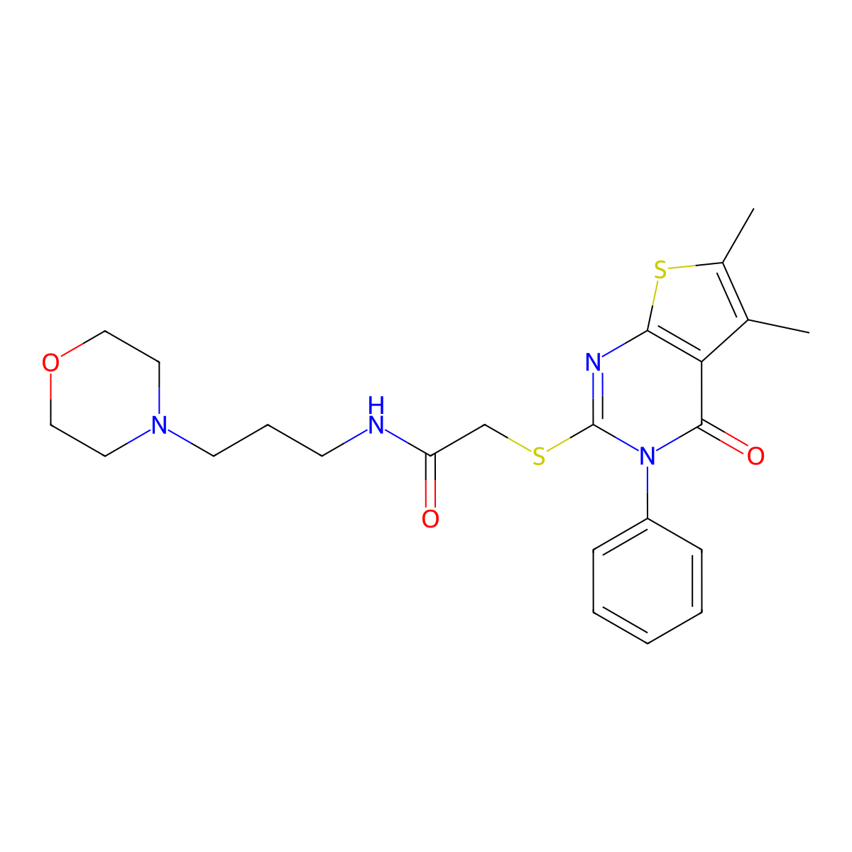 2-((5,6-dimethyl-4-oxo-3-phenyl-3,4-dihydrothieno[2,3-d]pyrimidin-2-yl)thio)-N-(3-morpholinopropyl)acetamide molecular structure, CAS 325693-68-3