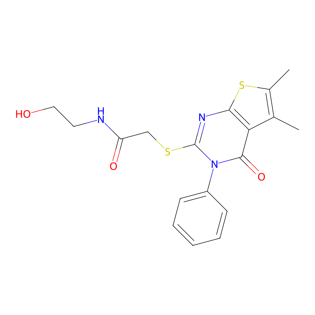 2-((5,6-dimethyl-4-oxo-3-phenyl-3,4-dihydrothieno[2,3-d]pyrimidin-2-yl)thio)-N-(2-hydroxyethyl)acetamide molecular structure, CAS 325693-69-4
