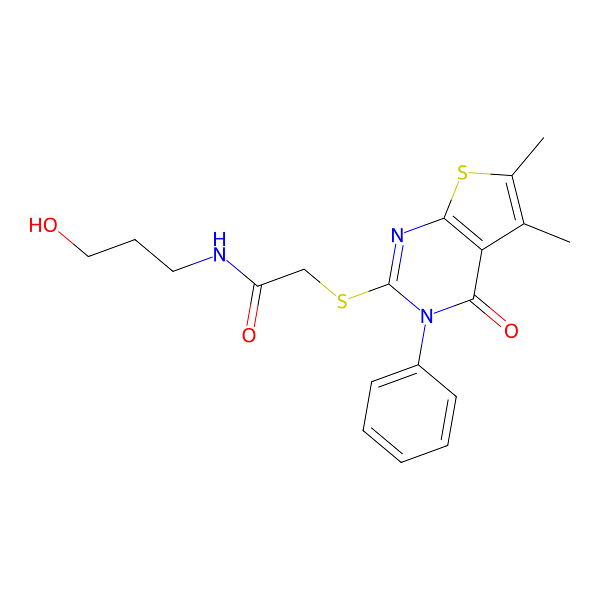 2-(5,6-dimethyl-4-oxo-3-phenylthieno[2,3-d]pyrimidin-2-yl)sulfanyl-N-(3-hydroxypropyl)acetamide molecular structure, CAS 325693-70-7