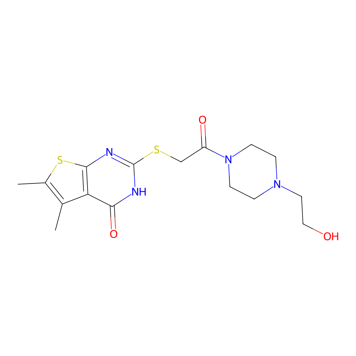 2-((2-(4-(2-hydroxyethyl)piperazin-1-yl)-2-oxoethyl)thio)-5,6-dimethylthieno[2,3-d]pyrimidin-4(3H)-one molecular structure, CAS 325693-73-0