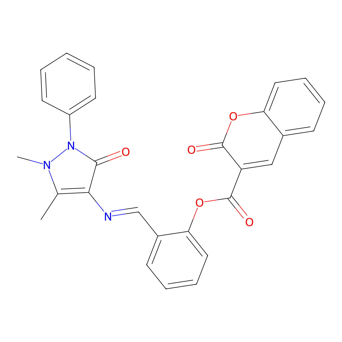(E)-2-(((1,5-dimethyl-3-oxo-2-phenyl-2,3-dihydro-1H-pyrazol-4-yl)imino)methyl)phenyl 2-oxo-2H-chromene-3-carboxylate molecular structure, CAS 325699-52-3