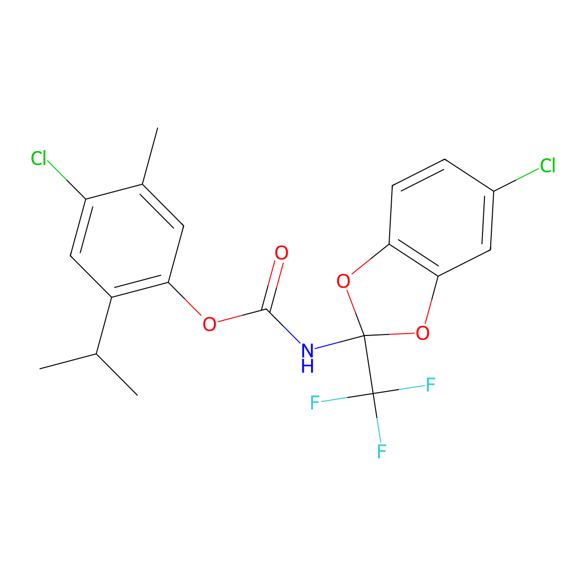 4-Chloro-2-isopropyl-5-methylphenyl (5-chloro-2-(trifluoromethyl)benzo[d][1,3]dioxol-2-yl)carbamate molecular structure, CAS 325703-12-6