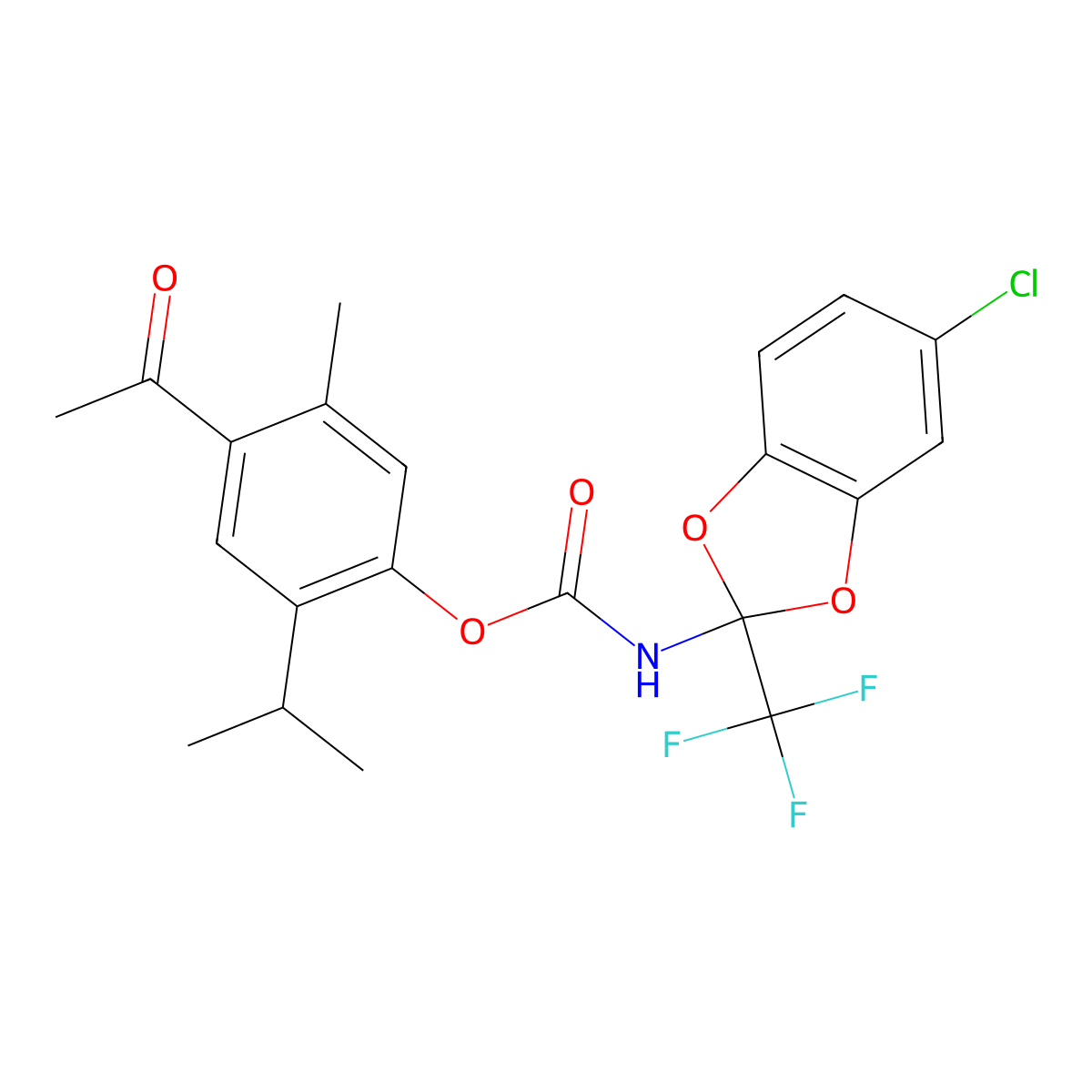 4-Acetyl-2-isopropyl-5-methylphenyl (5-chloro-2-(trifluoromethyl)benzo[d][1,3]dioxol-2-yl)carbamate molecular structure, CAS 325703-39-7