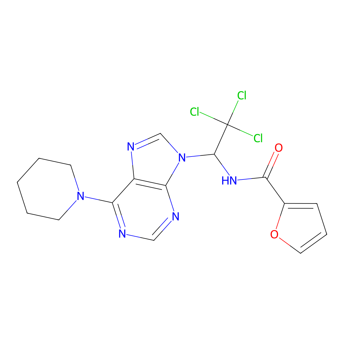 N-{2,2,2-trichloro-1-[6-(piperidin-1-yl)-9H-purin-9-yl]ethyl}furan-2-carboxamide molecular structure, CAS 325703-80-8