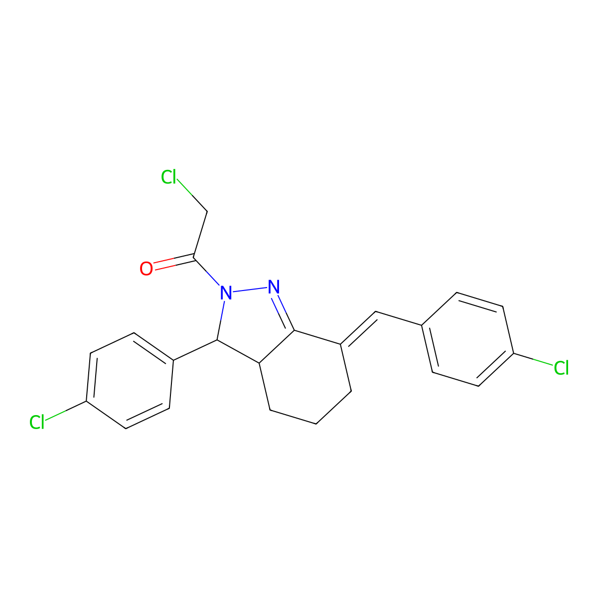 2-chloro-1-[3-(4-chlorophenyl)-7-[(4-chlorophenyl)methylidene]-3,3a,4,5,6,7-hexahydro-2H-indazol-2-yl]ethan-1-one molecular structure, CAS 325724-47-8