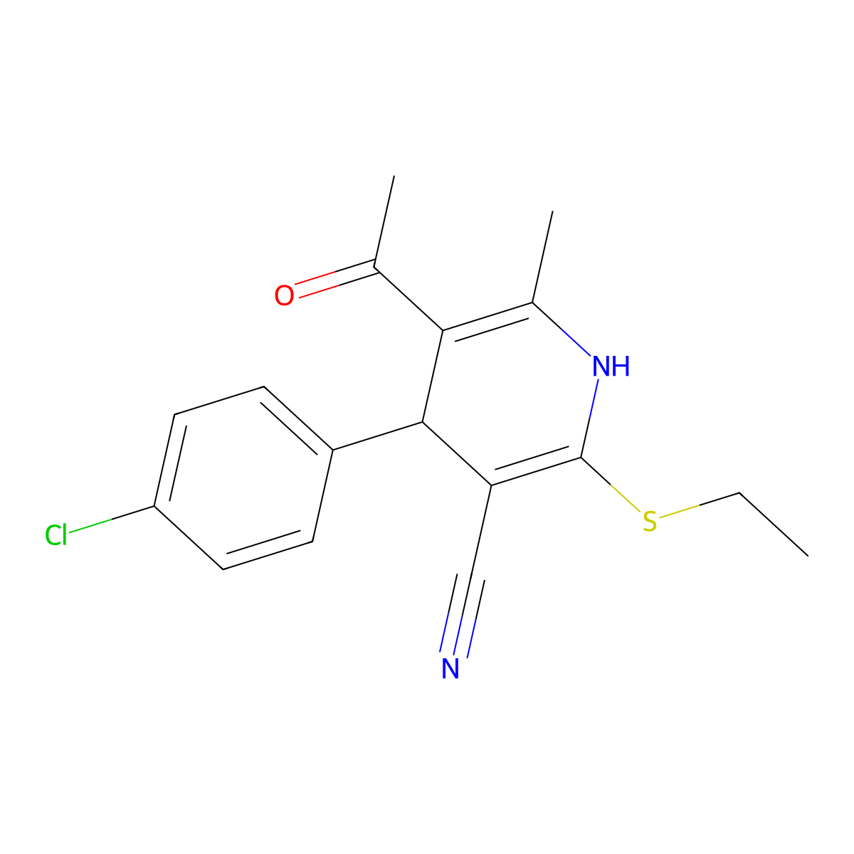 5-Acetyl-4-(4-chlorophenyl)-2-(ethylsulfanyl)-6-methyl-1,4-dihydropyridine-3-carbonitrile molecular structure, CAS 325725-26-6