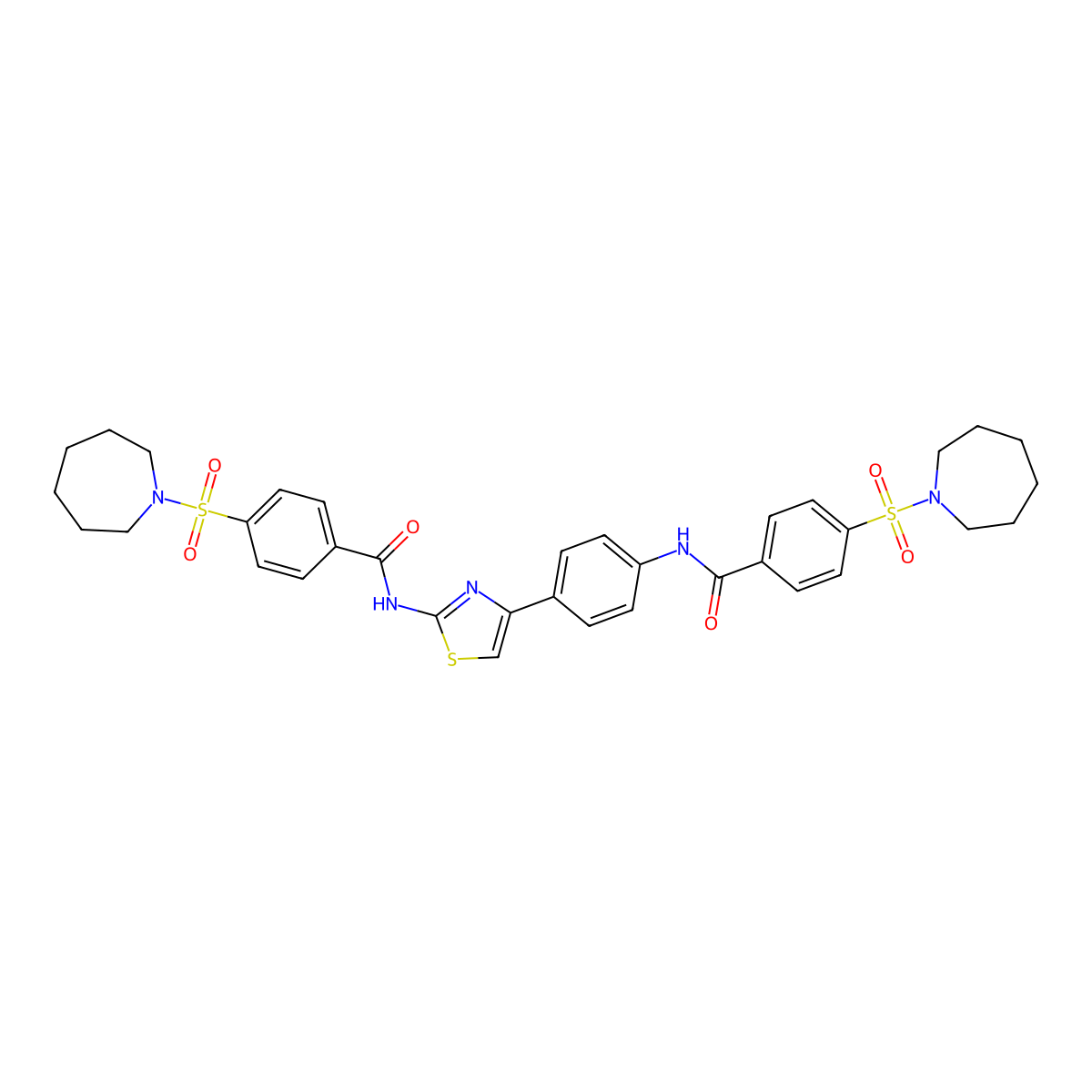 4-(azepan-1-ylsulfonyl)-N-(4-(4-(4-(azepan-1-ylsulfonyl)benzamido)phenyl)thiazol-2-yl)benzamide molecular structure, CAS 325725-96-0