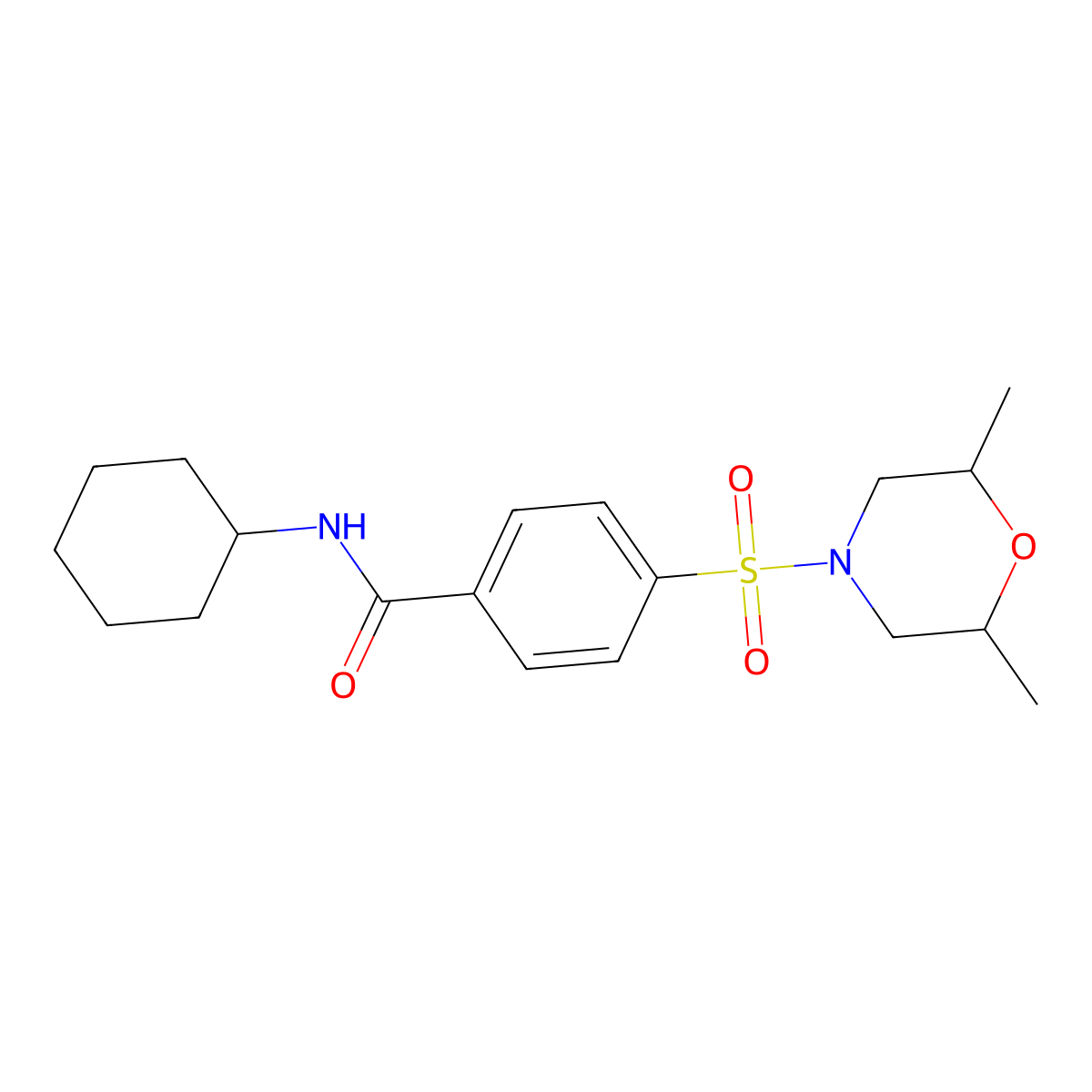 N-cyclohexyl-4-((2,6-dimethylmorpholino)sulfonyl)benzamide molecular structure, CAS 325729-48-4