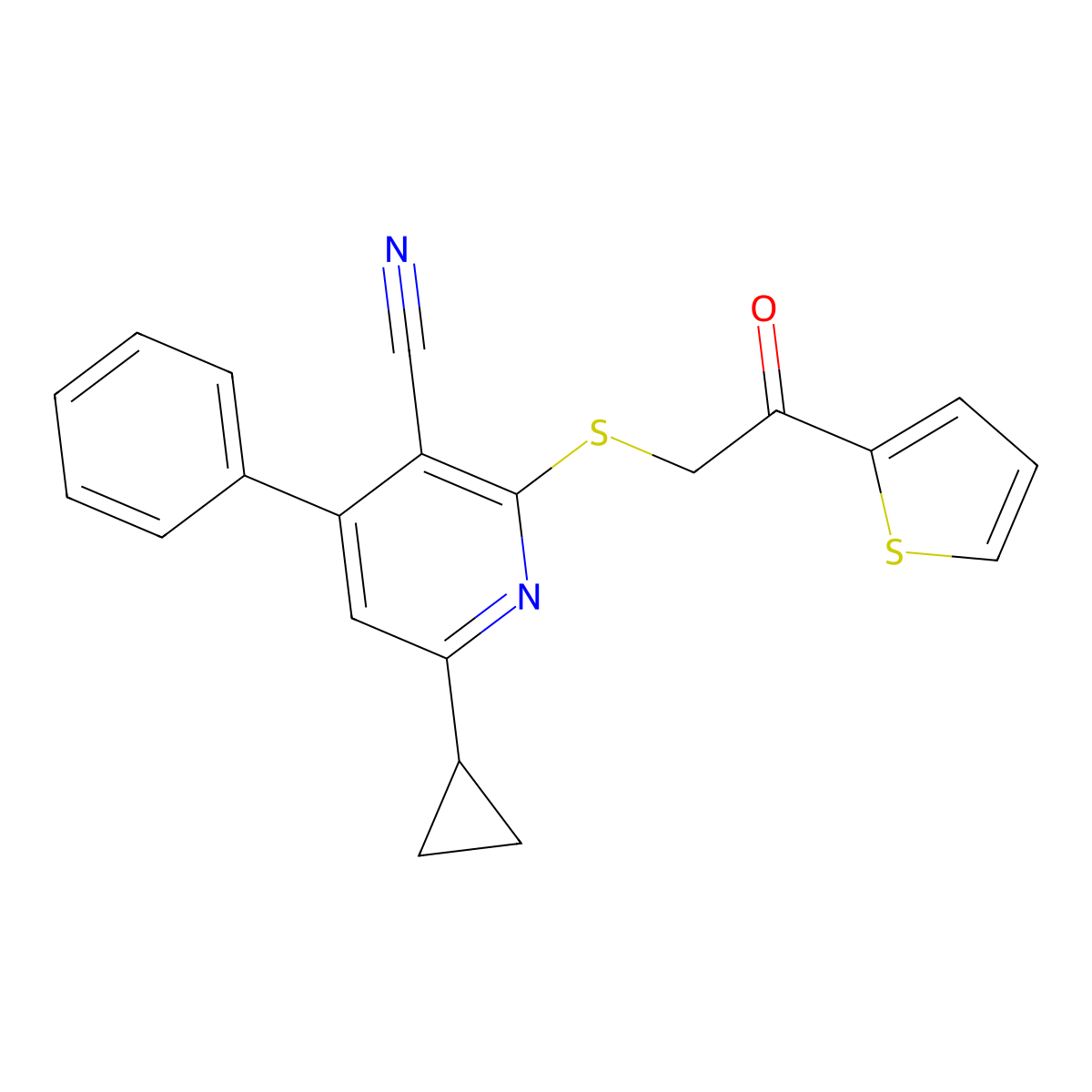 6-Cyclopropyl-2-{[2-oxo-2-(2-thienyl)ethyl]thio}-4-phenylnicotinonitrile molecular structure, CAS 325729-68-8