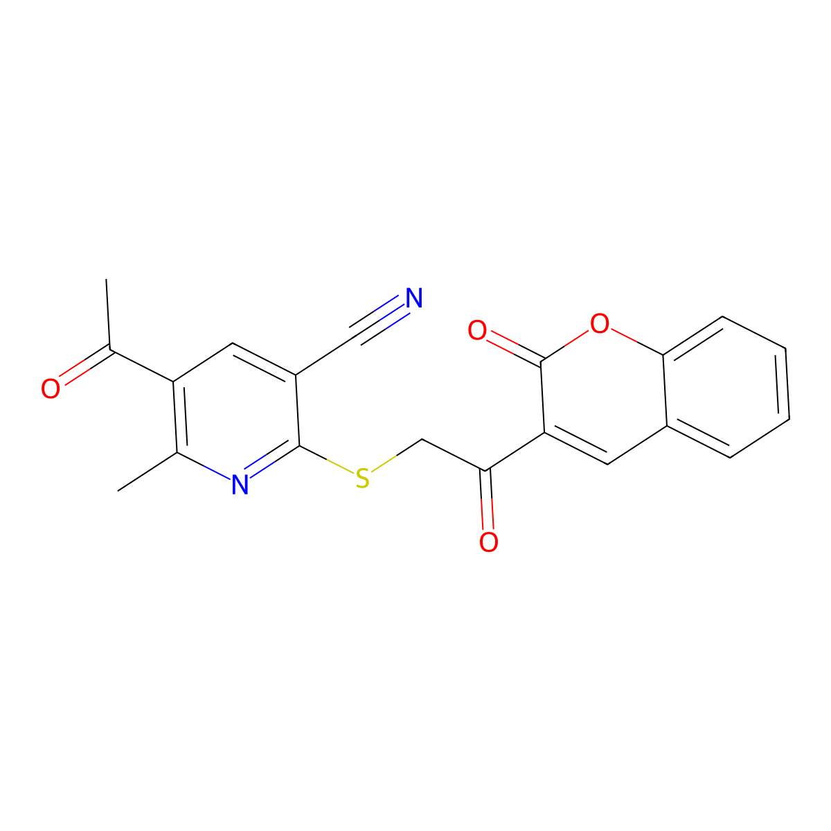 5-acetyl-6-methyl-2-((2-oxo-2-(2-oxo-2H-chromen-3-yl)ethyl)thio)nicotinonitrile molecular structure, CAS 325743-06-4