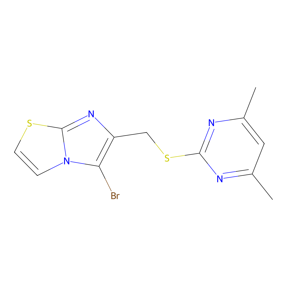 5-Bromo-6-(((4,6-dimethylpyrimidin-2-yl)thio)methyl)imidazo[2,1-b]thiazole molecular structure, CAS 325778-77-6