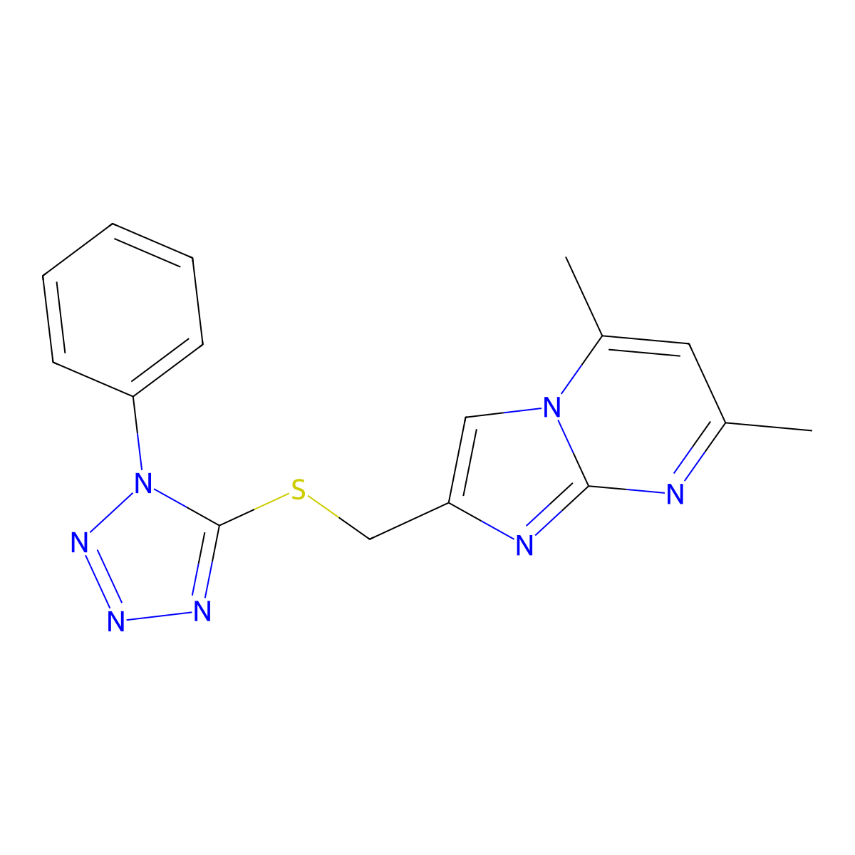 5,7-dimethyl-2-{[(1-phenyl-1H-tetrazol-5-yl)sulfanyl]methyl}imidazo[1,2-a]pyrimidine molecular structure, CAS 325778-95-8