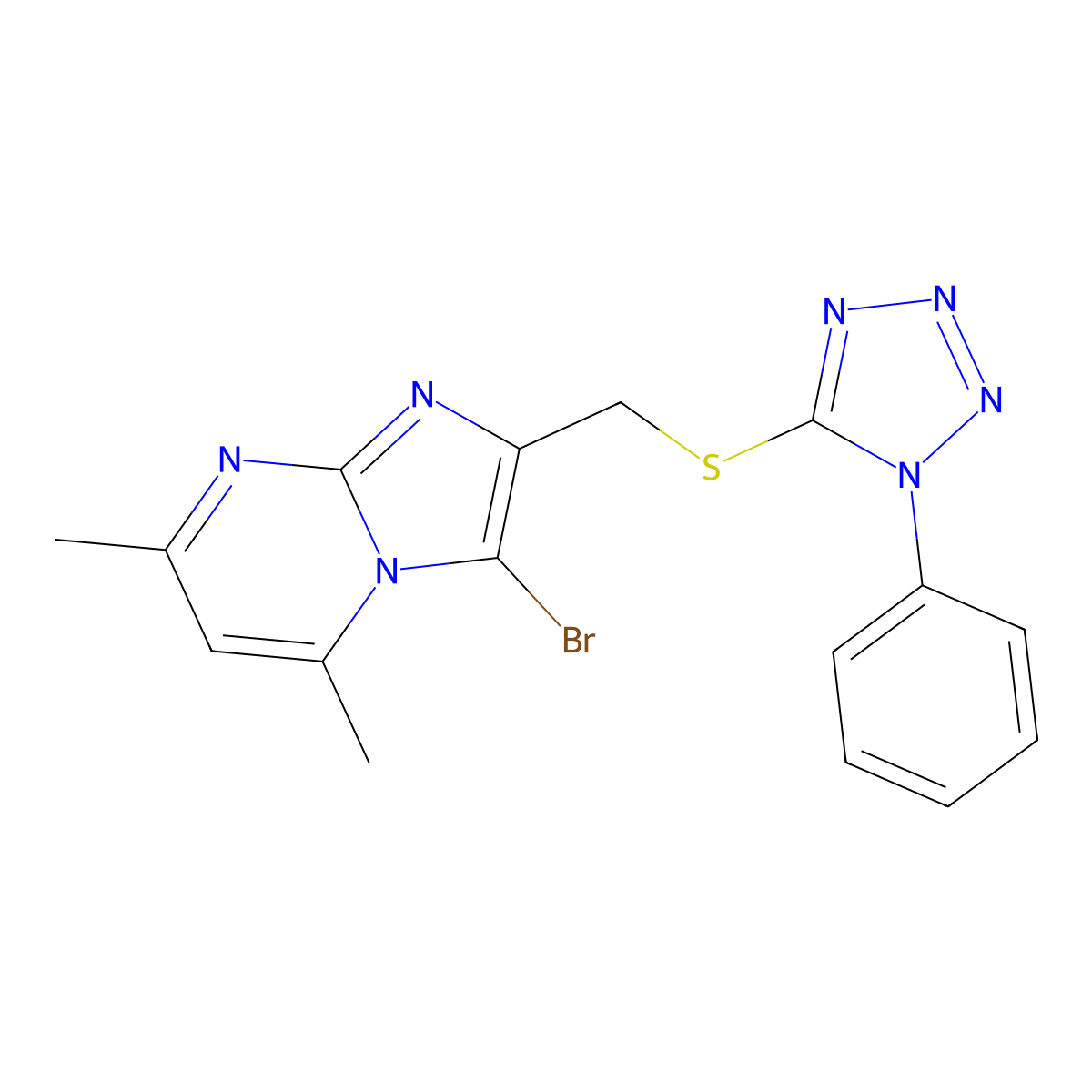 3-bromo-5,7-dimethyl-2-(((1-phenyl-1H-tetrazol-5-yl)thio)methyl)imidazo[1,2-a]pyrimidine molecular structure, CAS 325778-96-9