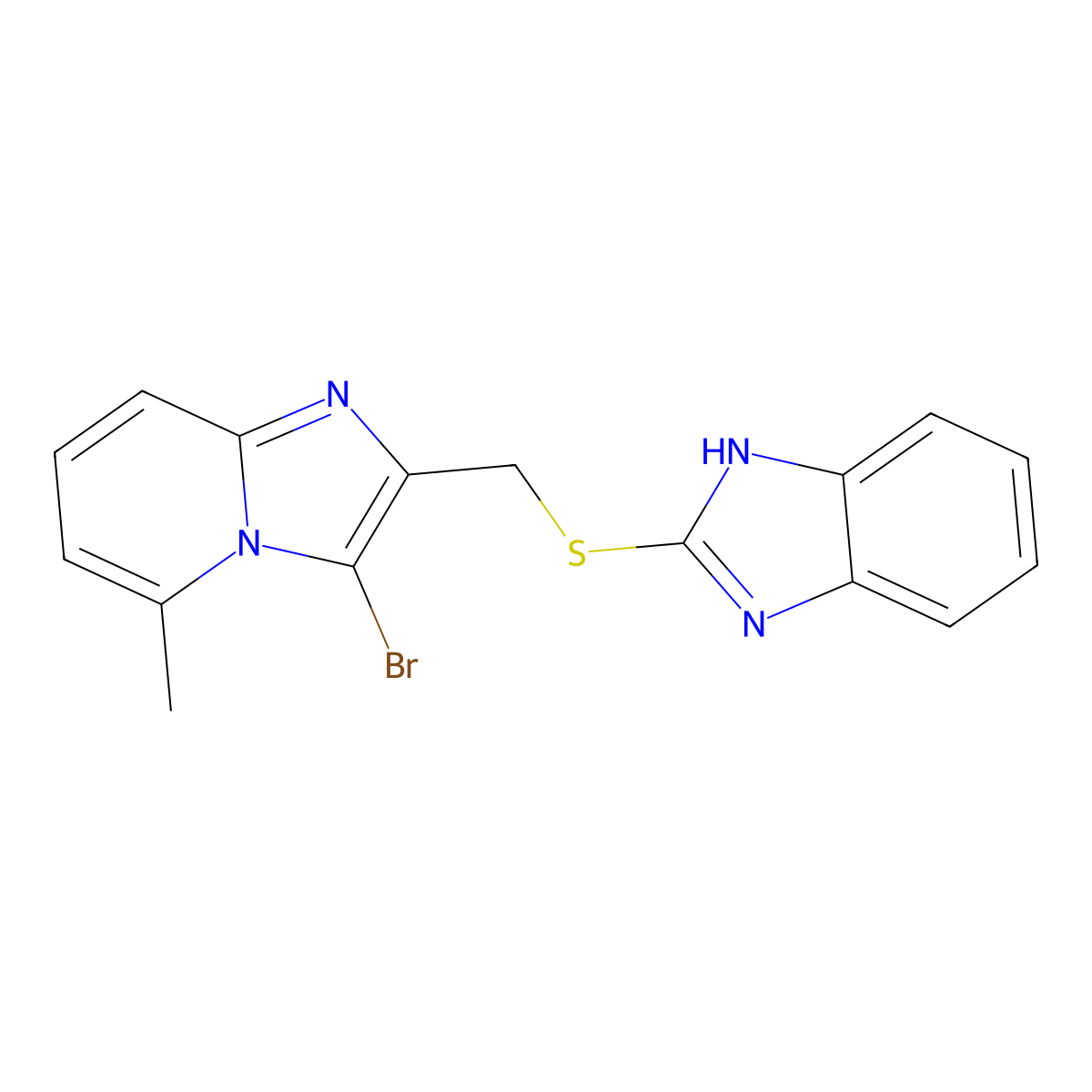 2-(((3-bromo-5-methylimidazo[1,2-a]pyridin-2-yl)methyl)thio)-1H-benzo[d]imidazole molecular structure, CAS 325778-99-2