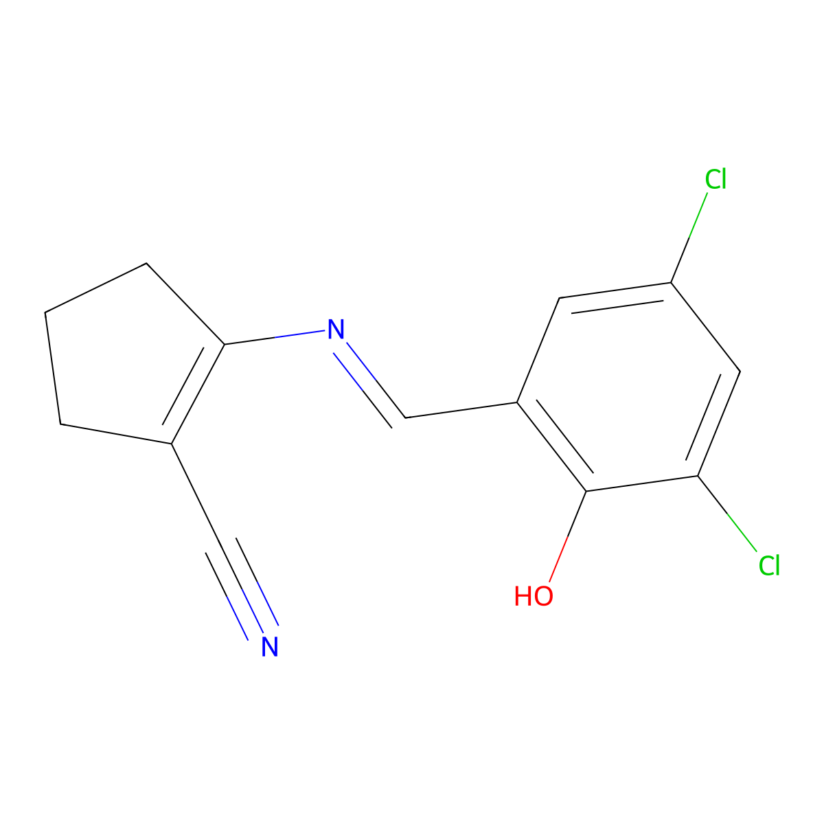 (E)-2-((3,5-dichloro-2-hydroxybenzylidene)amino)cyclopent-1-enecarbonitrile molecular structure, CAS 325804-62-4