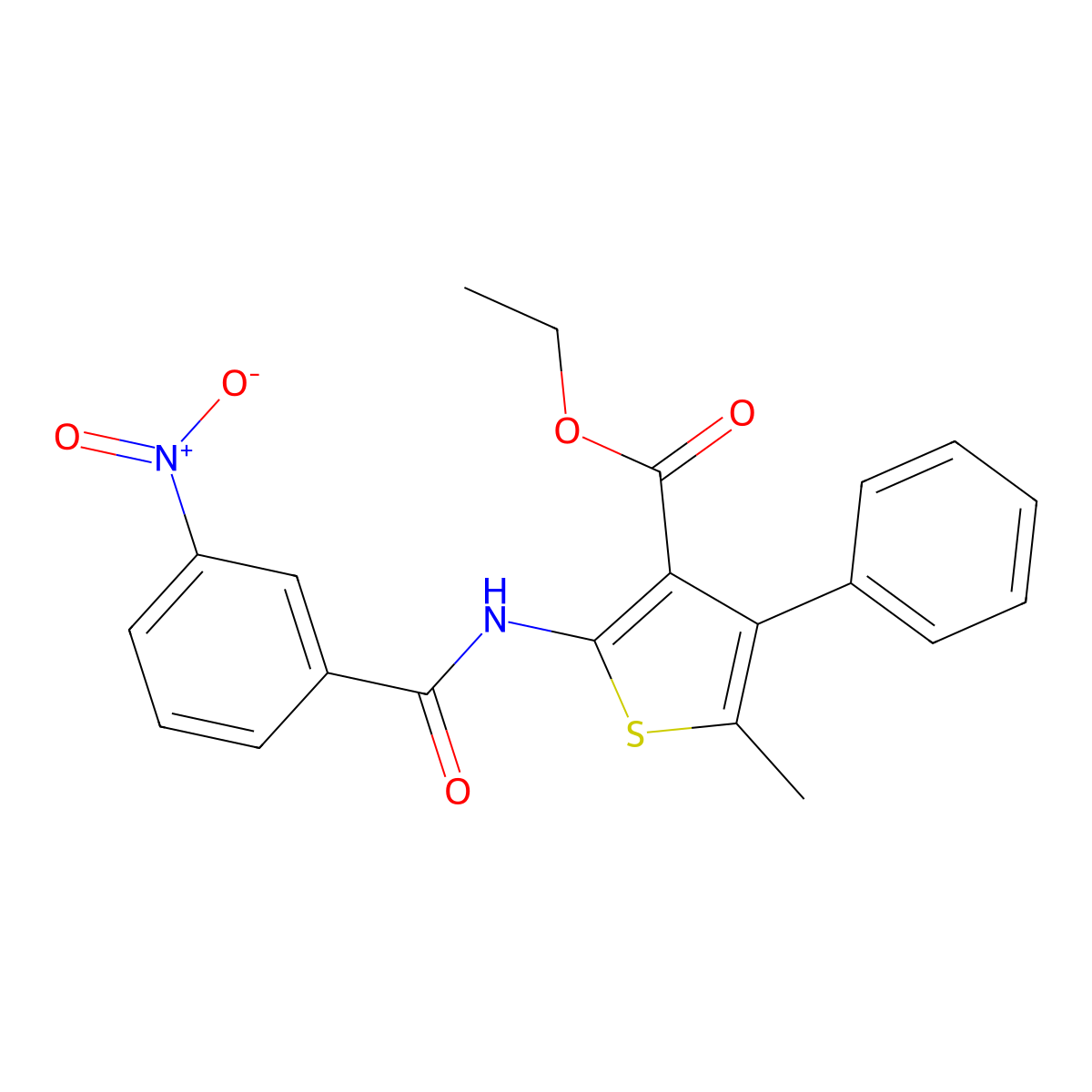 Ethyl 5-methyl-2-(3-nitrobenzamido)-4-phenylthiophene-3-carboxylate molecular structure, CAS 325806-54-0