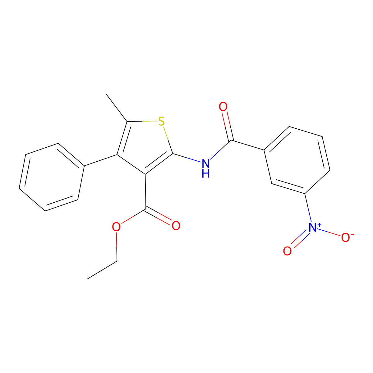 Ethyl 5-methyl-2-(3-nitrobenzamido)-4-phenylthiophene-3-carboxylate molecular structure, CAS 325806-54-0