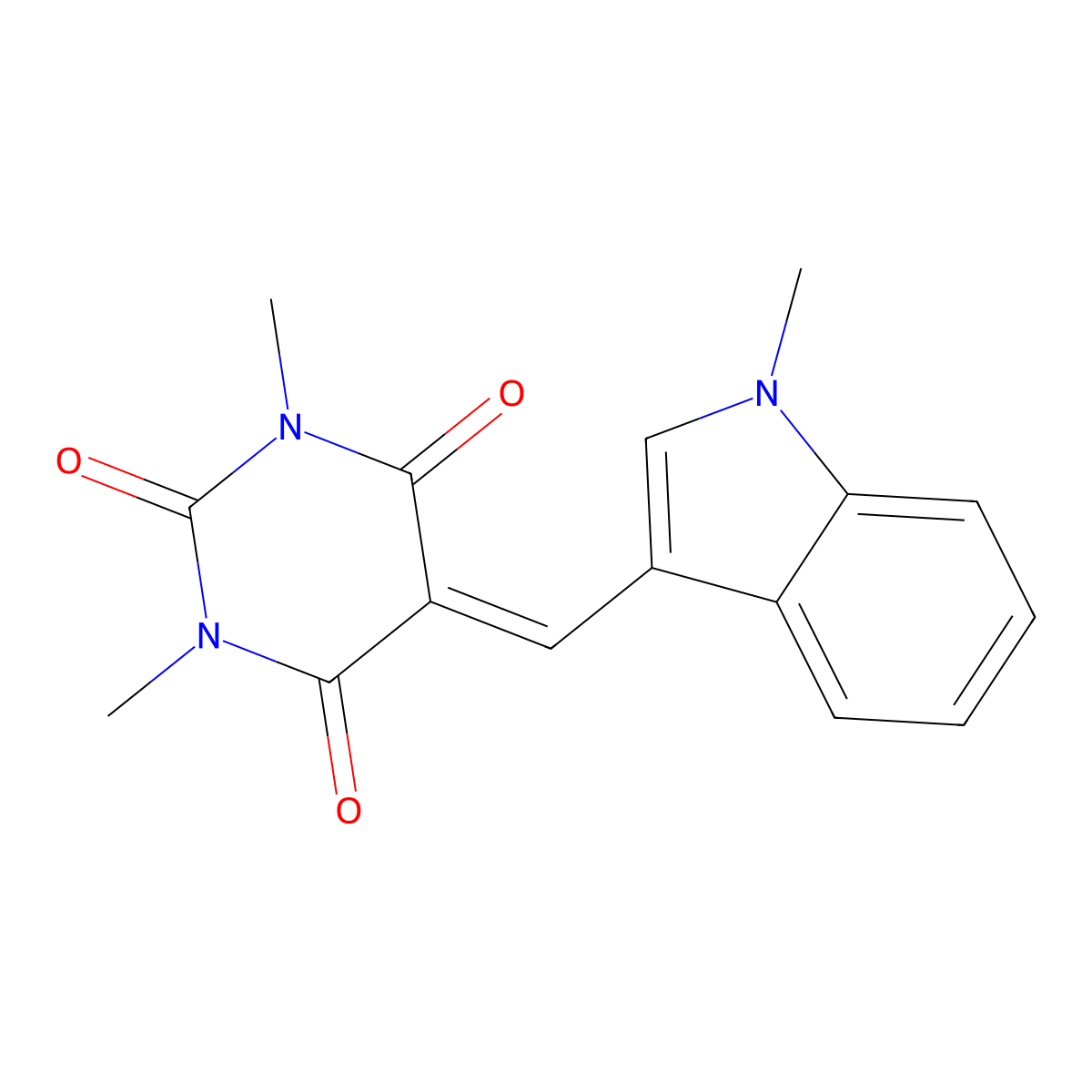 1,3-dimethyl-5-((1-methyl-1H-indol-3-yl)methylene)pyrimidine-2,4,6(1H,3H,5H)-trione molecular structure, CAS 325807-41-8