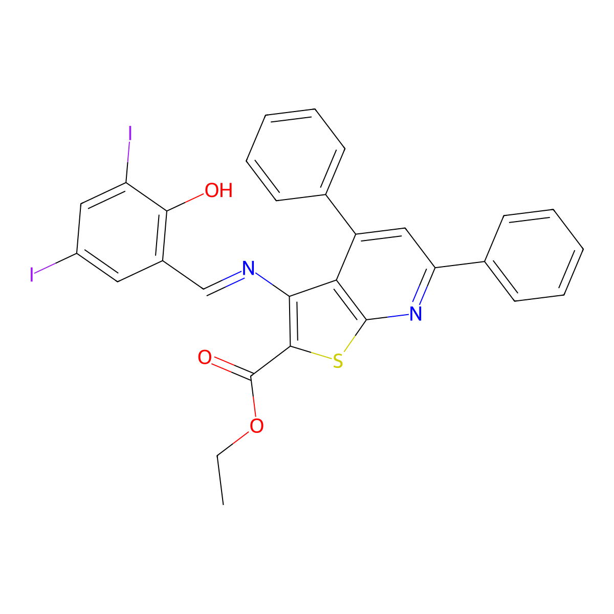 (E)-ethyl 3-((2-hydroxy-3,5-diiodobenzylidene)amino)-4,6-diphenylthieno[2,3-b]pyridine-2-carboxylate molecular structure, CAS 325811-39-0