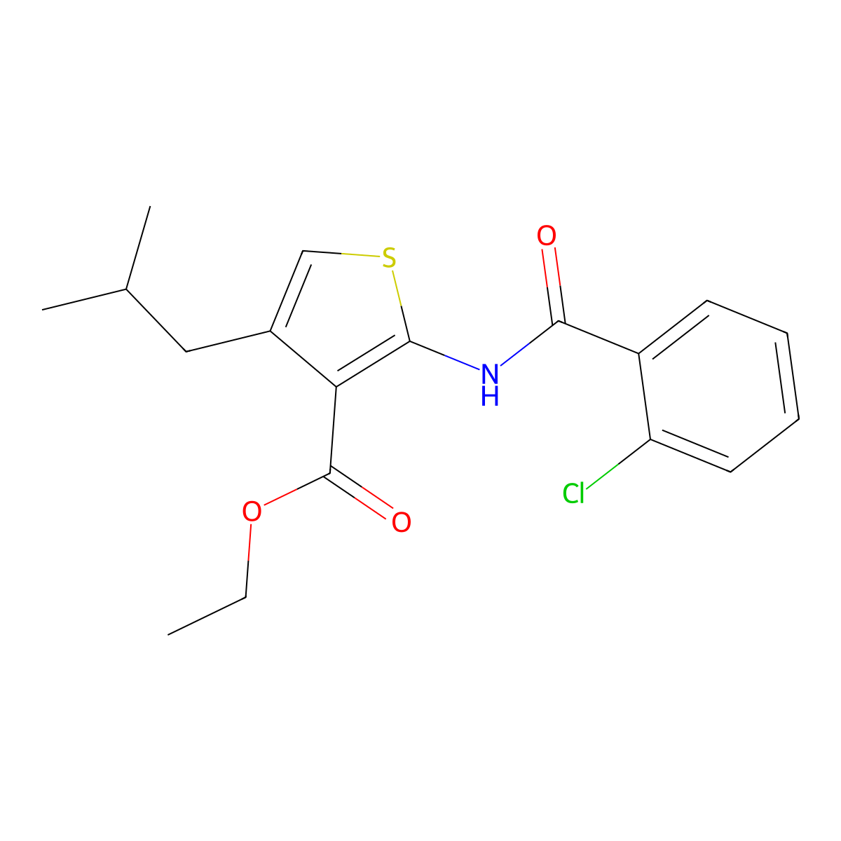 Ethyl 2-[(2-chlorobenzoyl)amino]-4-isobutyl-3-thiophenecarboxylate molecular structure, CAS 325822-68-2