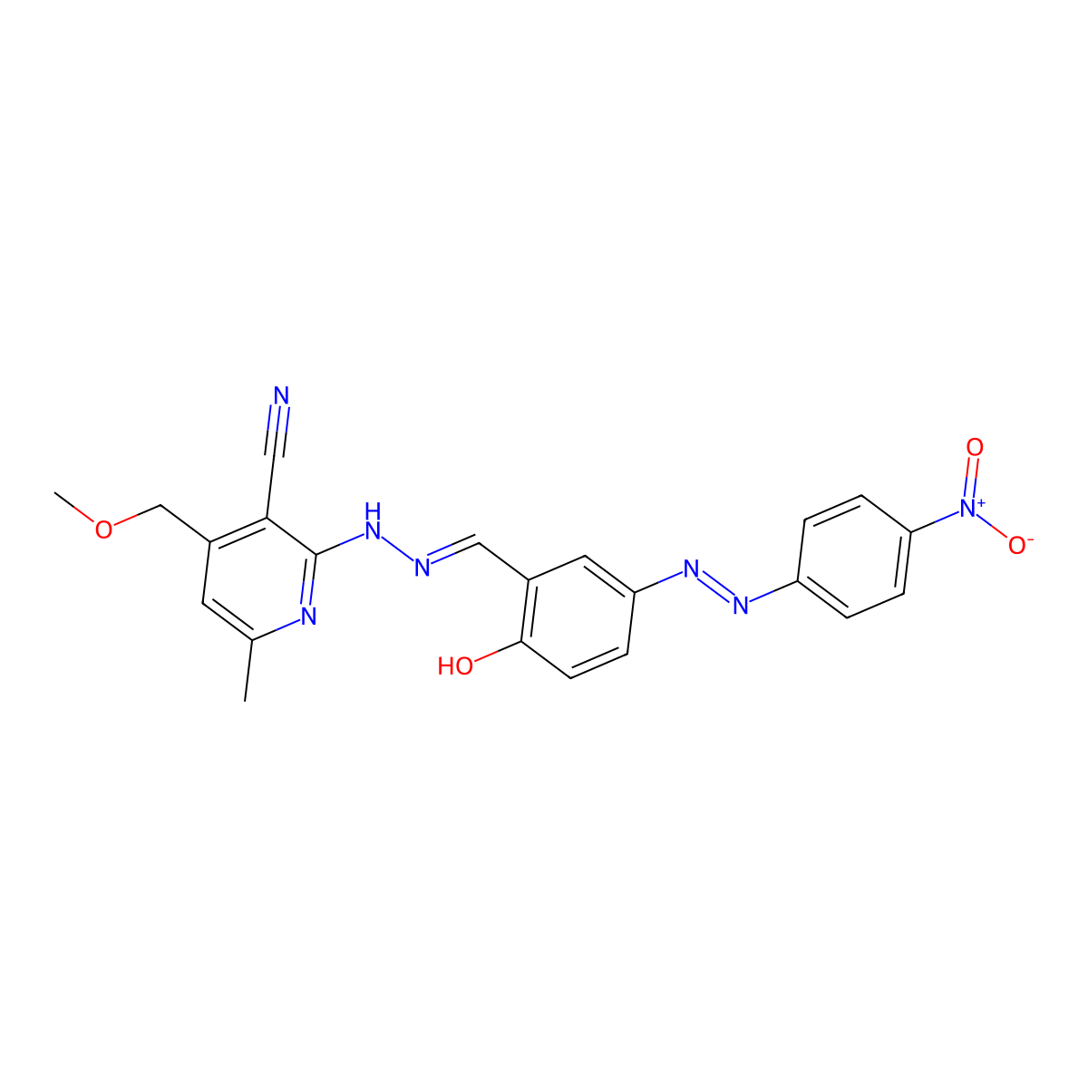 3-Pyridinecarbonitrile, 2-[2-[[2-hydroxy-5-[2-(4-nitrophenyl)diazenyl]phenyl]methylene]hydrazinyl]-4-(methoxymethyl)-6-methyl- molecular structure, CAS 325825-01-2