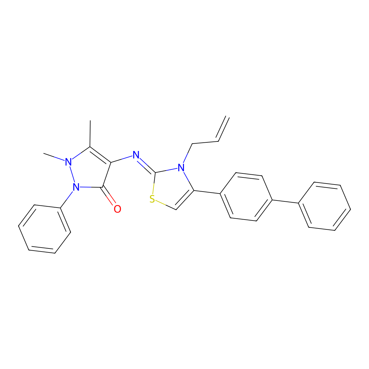 (Z)-4-((4-([1,1'-biphenyl]-4-yl)-3-allylthiazol-2(3H)-ylidene)amino)-1,5-dimethyl-2-phenyl-1H-pyrazol-3(2H)-one molecular structure, CAS 325853-63-2