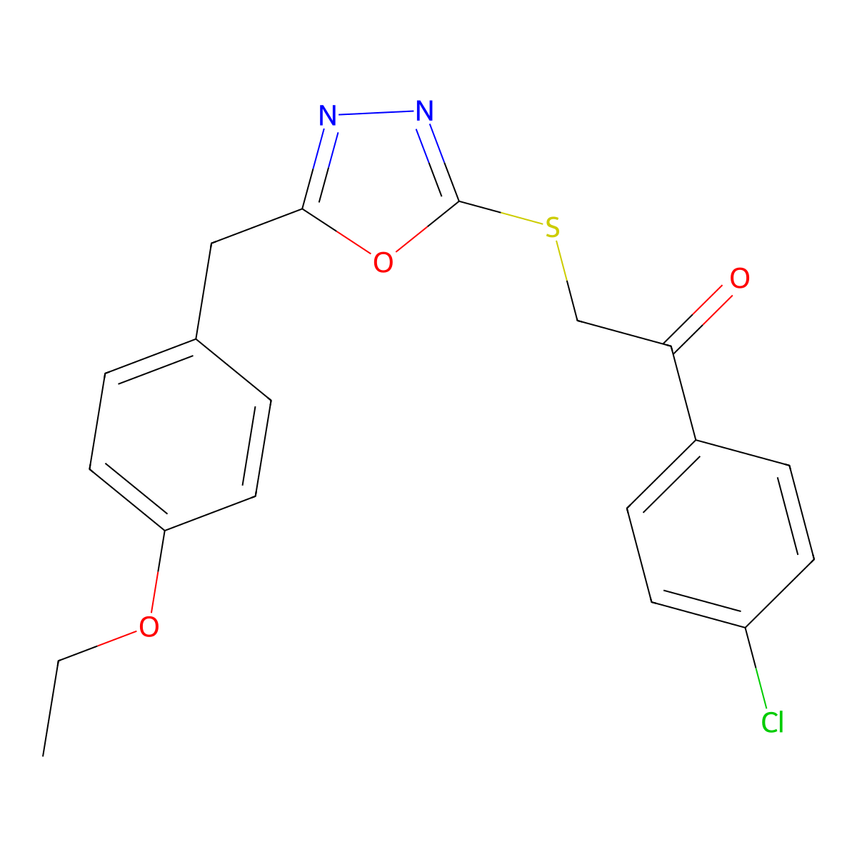 1-(4-Chlorophenyl)-2-[[5-[(4-ethoxyphenyl)methyl]-1,3,4-oxadiazol-2-yl]sulfanyl]ethanone molecular structure, CAS 325853-75-6