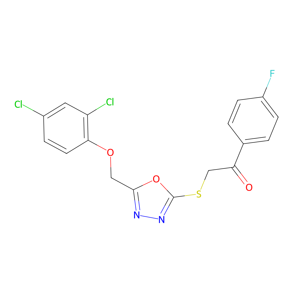 2-({5-[(2,4-Dichlorophenoxy)methyl]-1,3,4-oxadiazol-2-yl}sulfanyl)-1-(4-fluorophenyl)ethanone molecular structure, CAS 325853-85-8