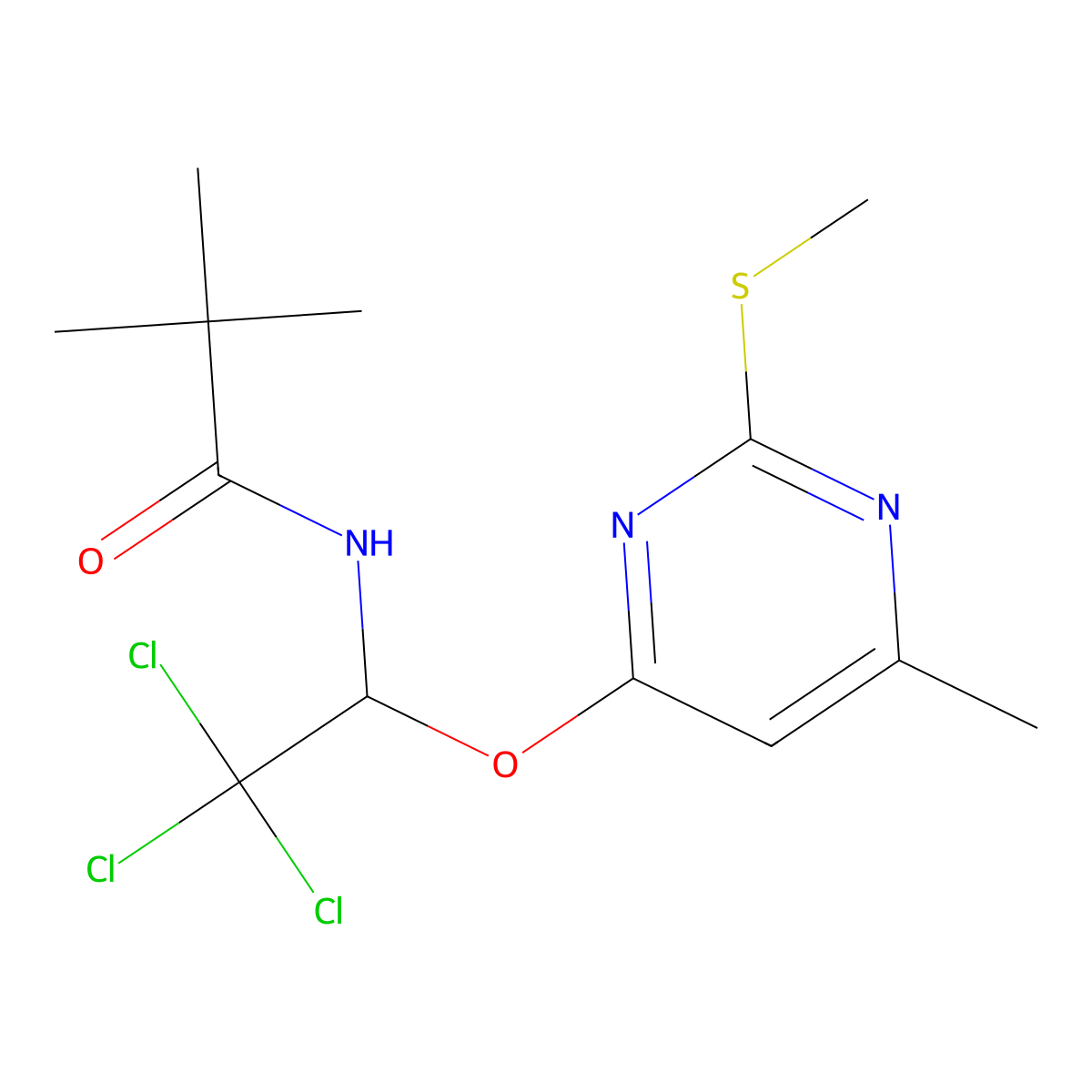 2,2-dimethyl-N-(2,2,2-trichloro-1-{[6-methyl-2-(methylsulfanyl)pyrimidin-4-yl]oxy}ethyl)propanamide molecular structure, CAS 325853-98-3