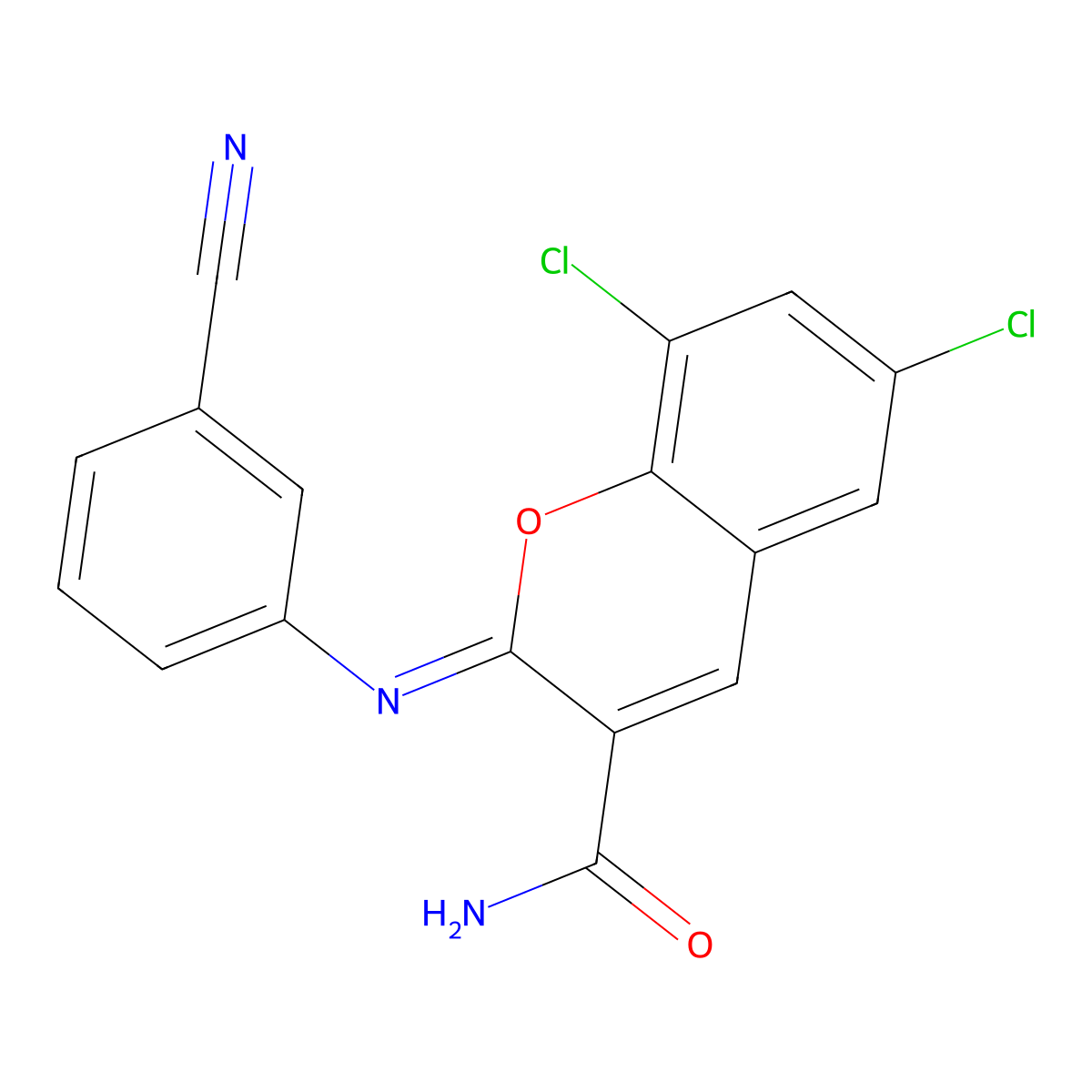 (2Z)-6,8-dichloro-2-[(3-cyanophenyl)imino]-2H-chromene-3-carboxamide molecular structure, CAS 325857-15-6