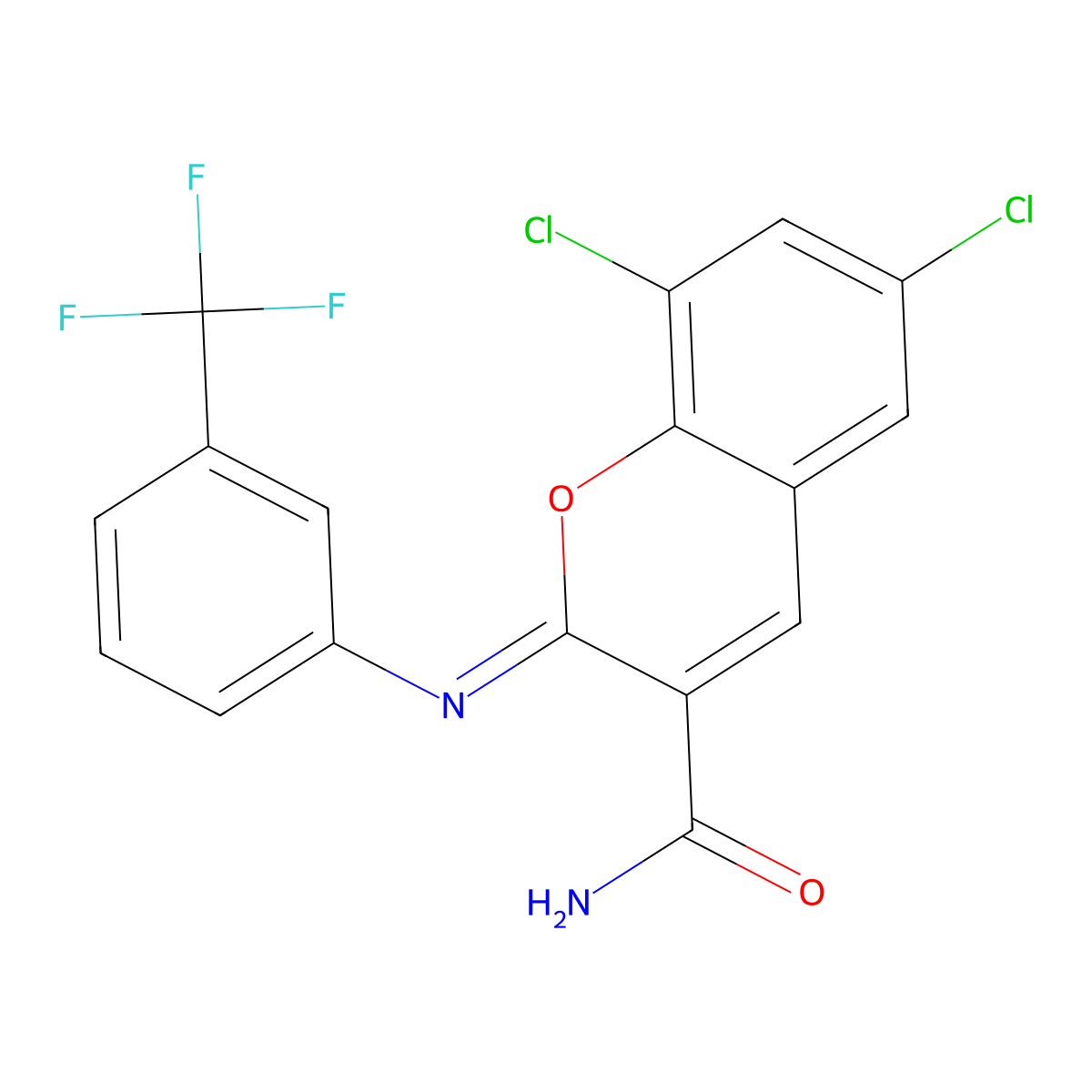 (2Z)-6,8-dichloro-2-{[3-(trifluoromethyl)phenyl]imino}-2H-chromene-3-carboxamide molecular structure, CAS 325857-17-8