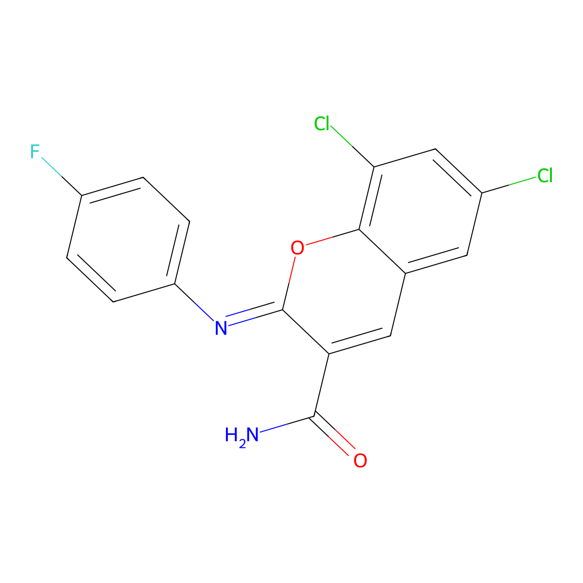 (2Z)-6,8-dichloro-2-[(4-fluorophenyl)imino]-2H-chromene-3-carboxamide molecular structure, CAS 325857-18-9