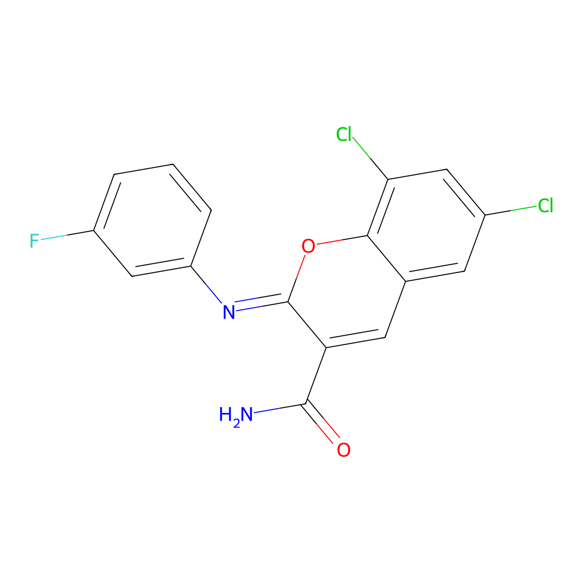 (2Z)-6,8-dichloro-2-[(3-fluorophenyl)imino]-2H-chromene-3-carboxamide molecular structure, CAS 325857-19-0